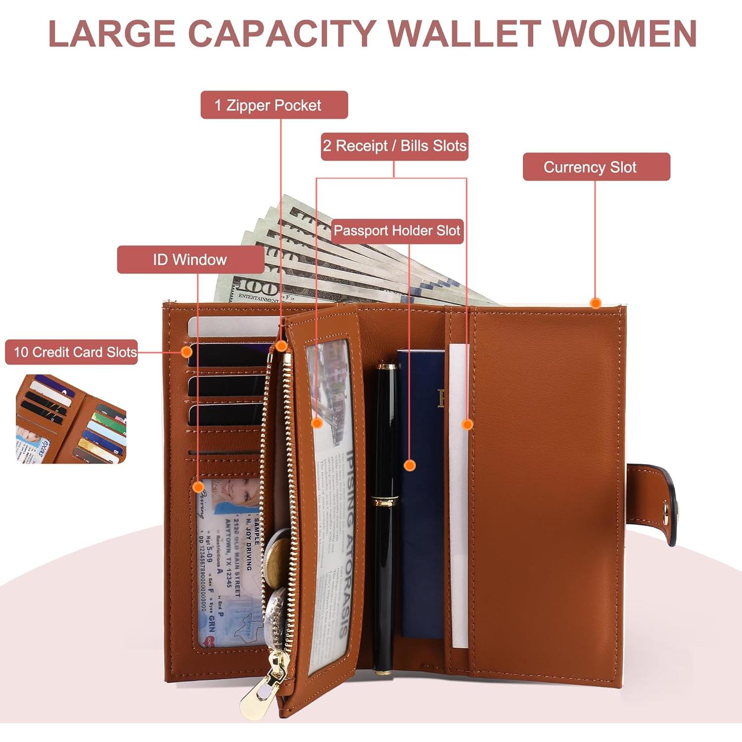 Cartera Trifold para Mujeres YIIJAY con Bloqueo RFID - Beige y Marrón