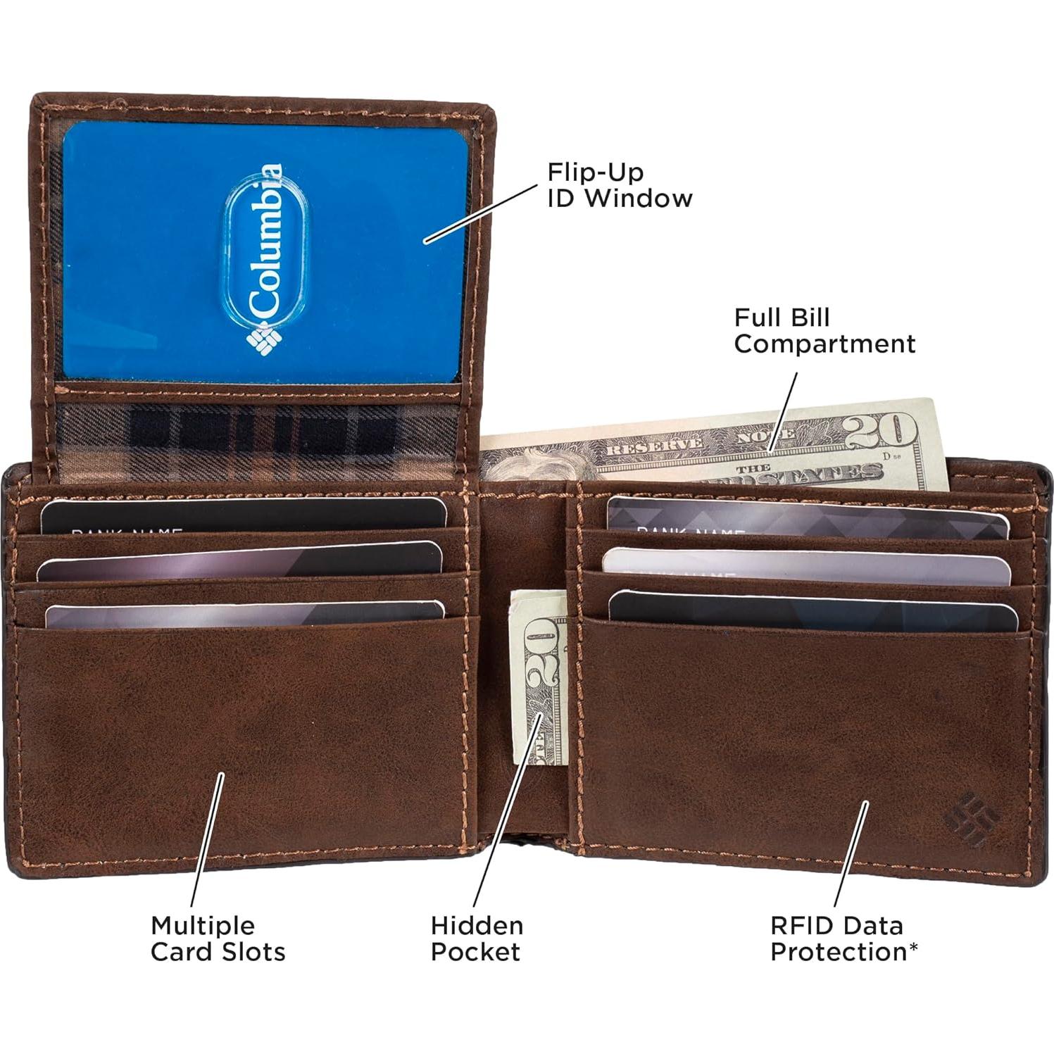 Billetera Bifold Hombre Columbia - Cuero Marrón Oscuro, RFID