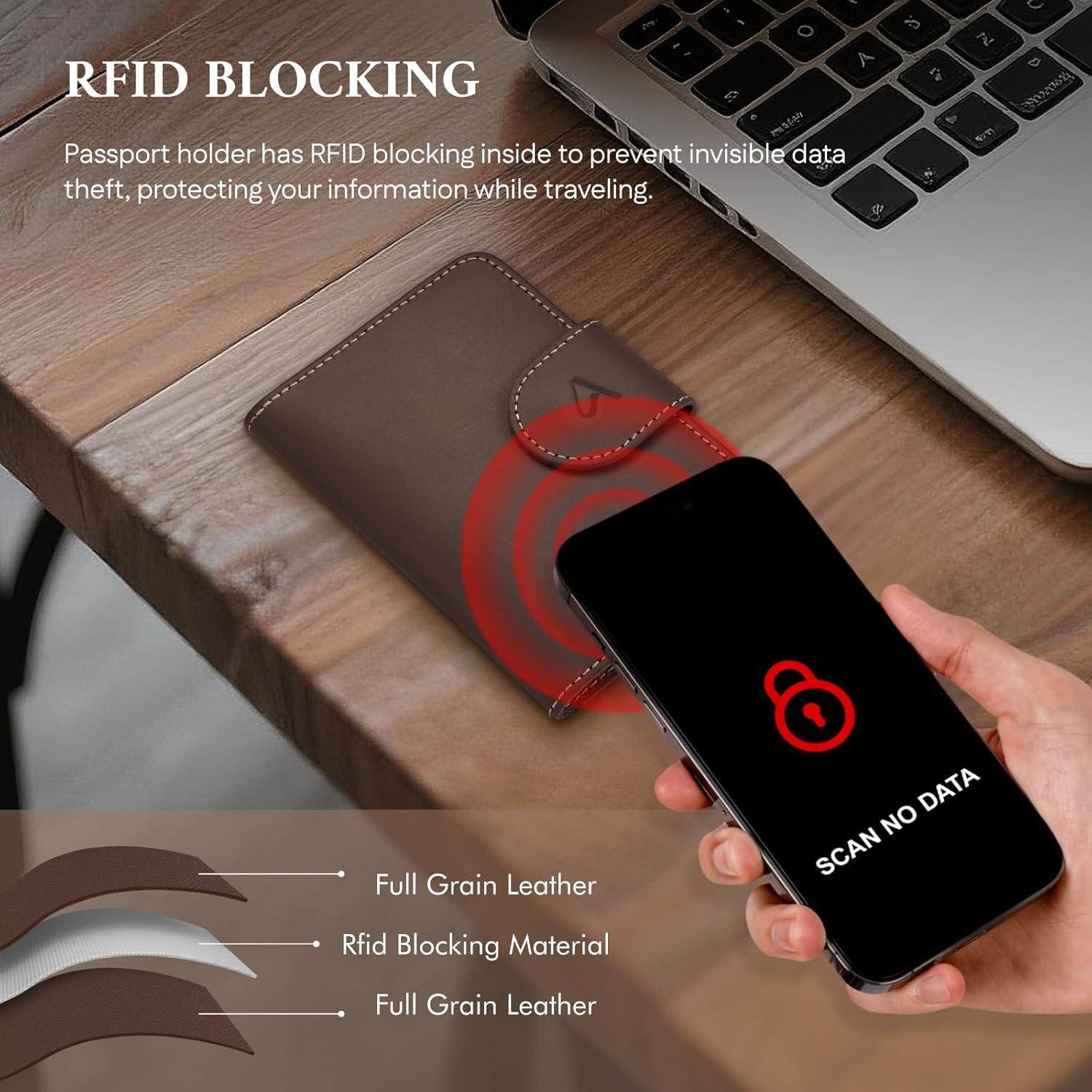 Porta Pasaporte ALLIVE de Cuero Genuino RFID Marrón