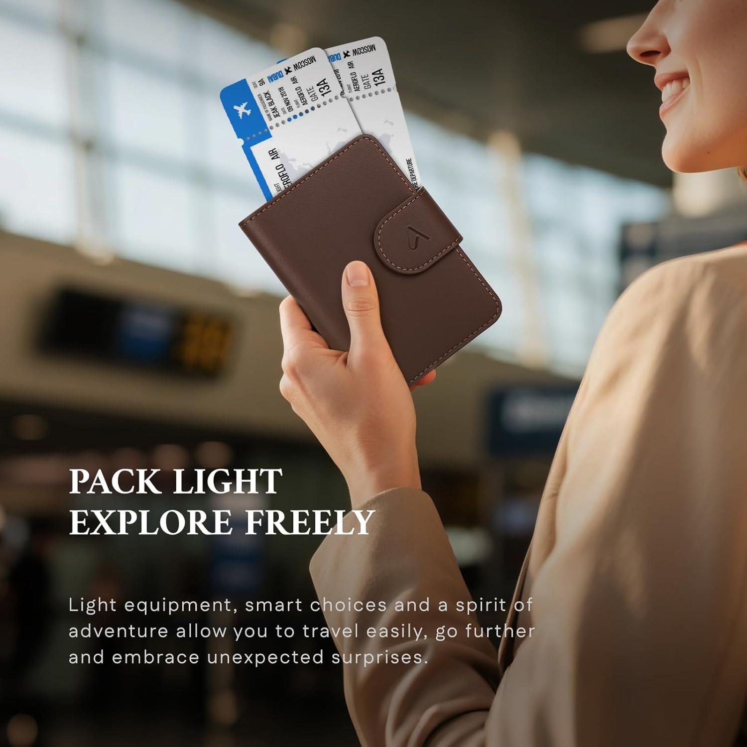 Porta Pasaporte ALLIVE de Cuero Genuino RFID Marrón