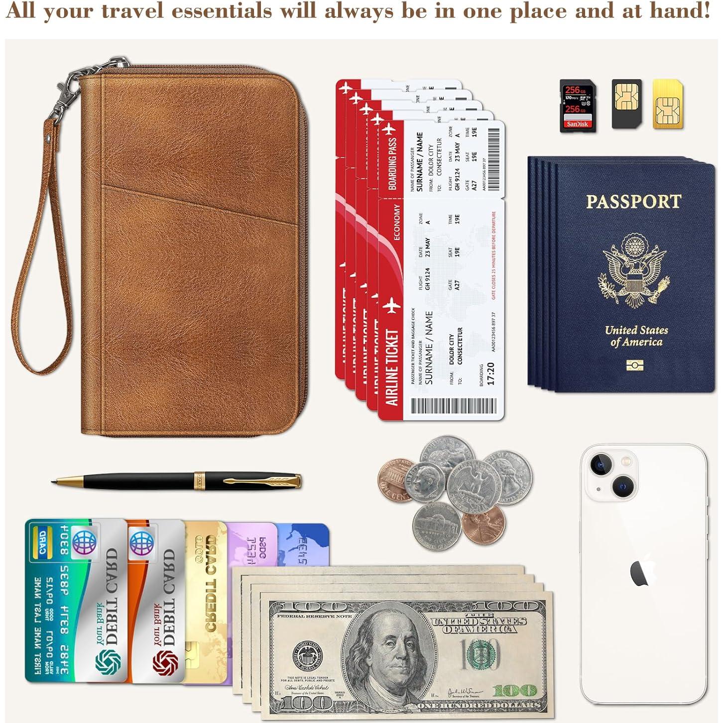 Billetera Organizador de Pasaporte Fintie APPA Marrón RFID