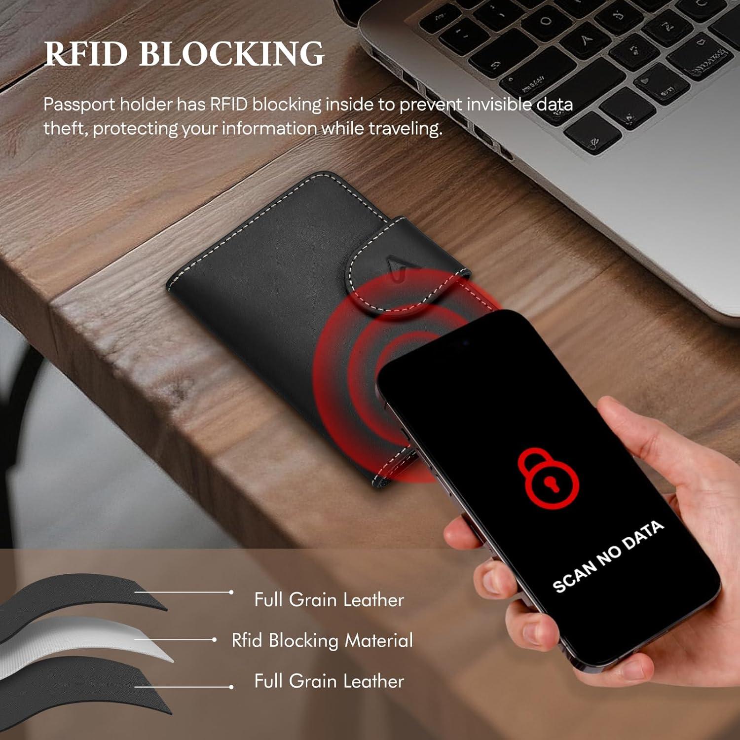 Porta Pasaporte ALLIVE de Cuero Genuino con Bloqueo RFID Negro