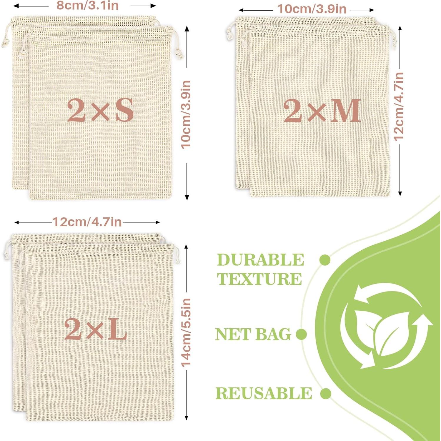 Paquete de 6 Bolsas Reutilizables de Malla de Algodón 20x30 cm