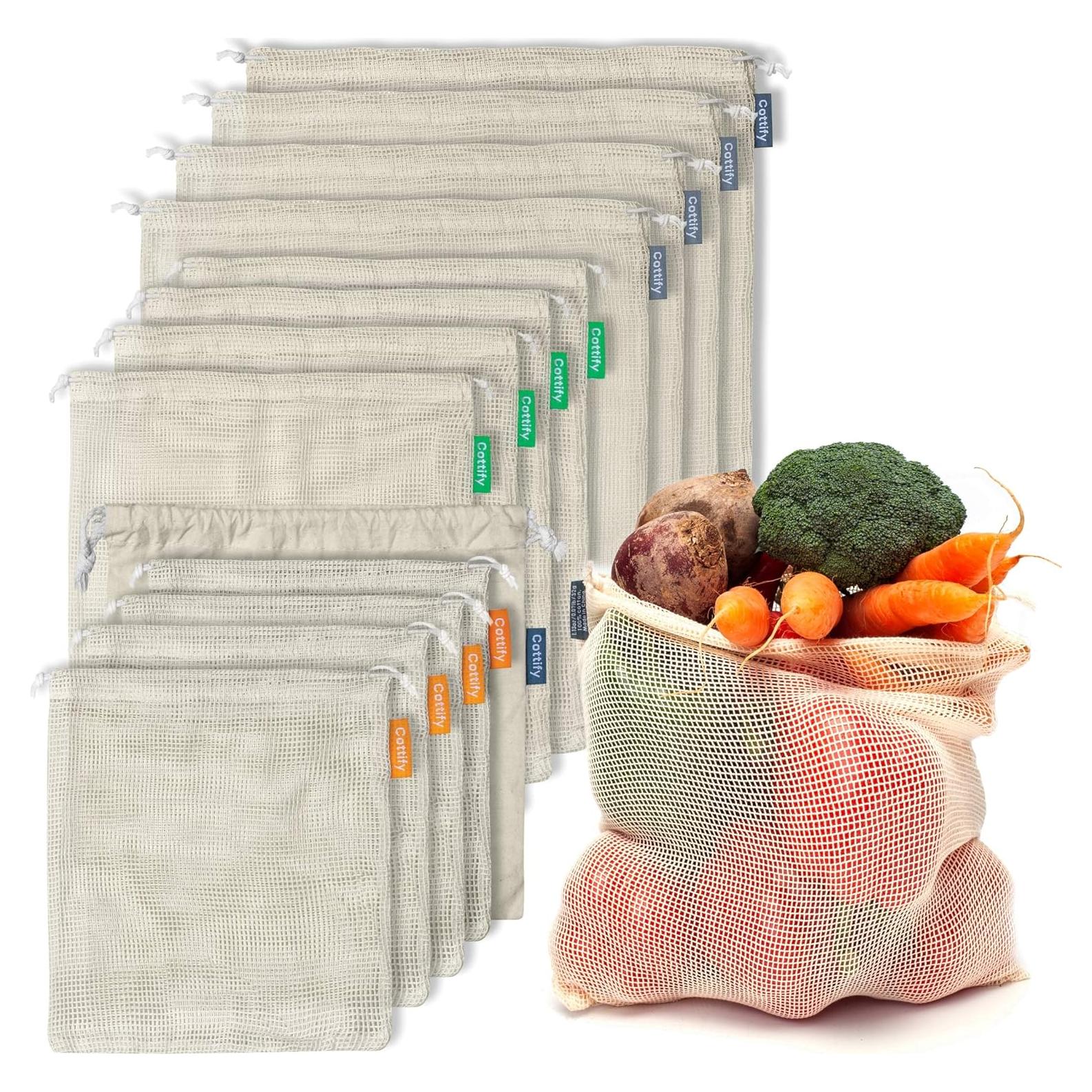 12 Bolsas Reutilizables de Algodón Orgánico Cottify - 4 Tamaños