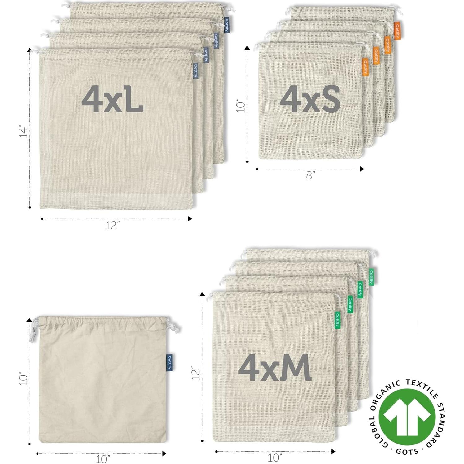 12 Bolsas Reutilizables de Algodón Orgánico Cottify - 4 Tamaños