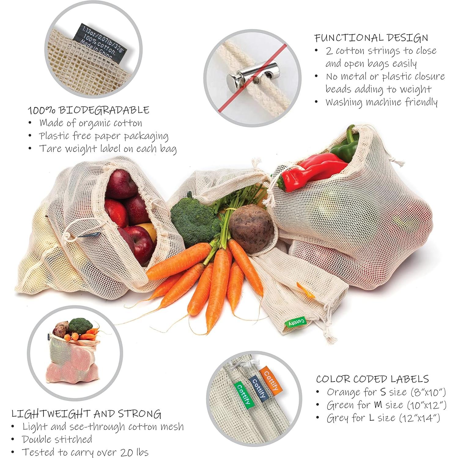 12 Bolsas Reutilizables de Algodón Orgánico Cottify - 4 Tamaños