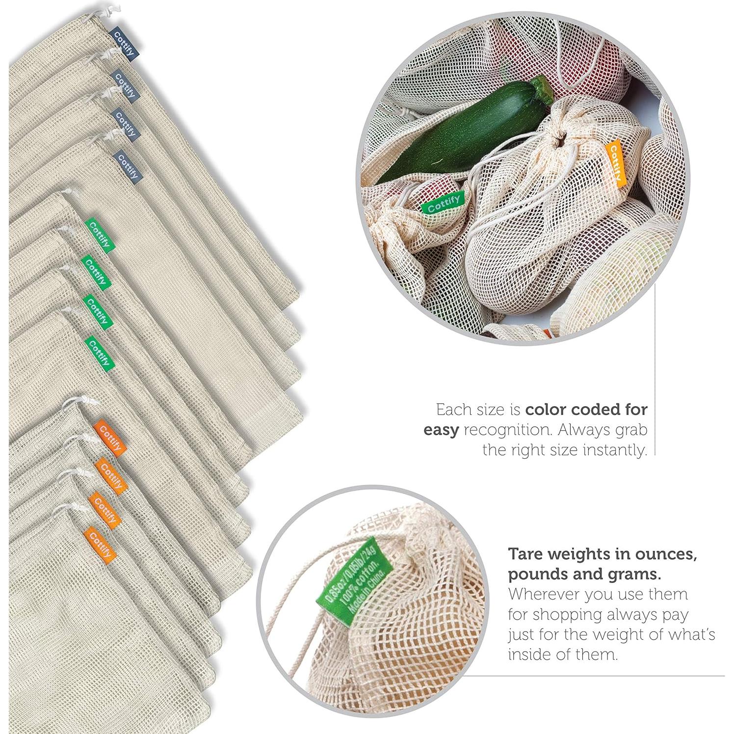 12 Bolsas Reutilizables de Algodón Orgánico Cottify - 4 Tamaños