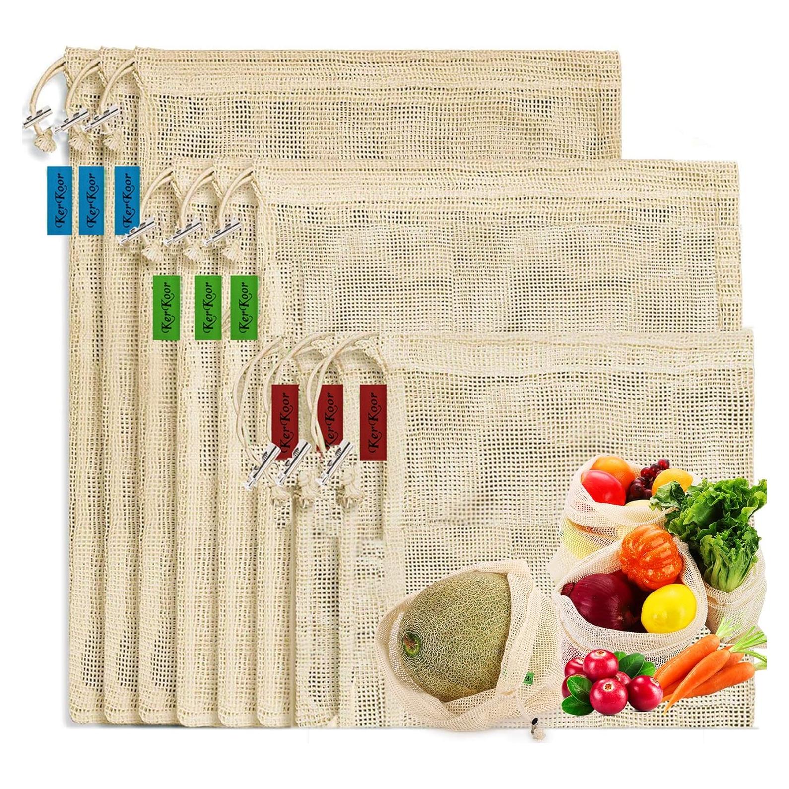 Bolsas de Compras Reutilizables KerKoor - 9 Paquetes Algodón