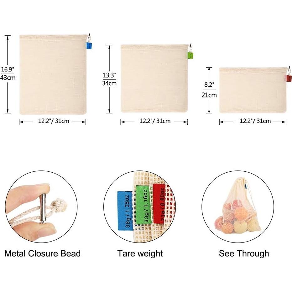 Bolsas de Compras Reutilizables KerKoor - 9 Paquetes Algodón