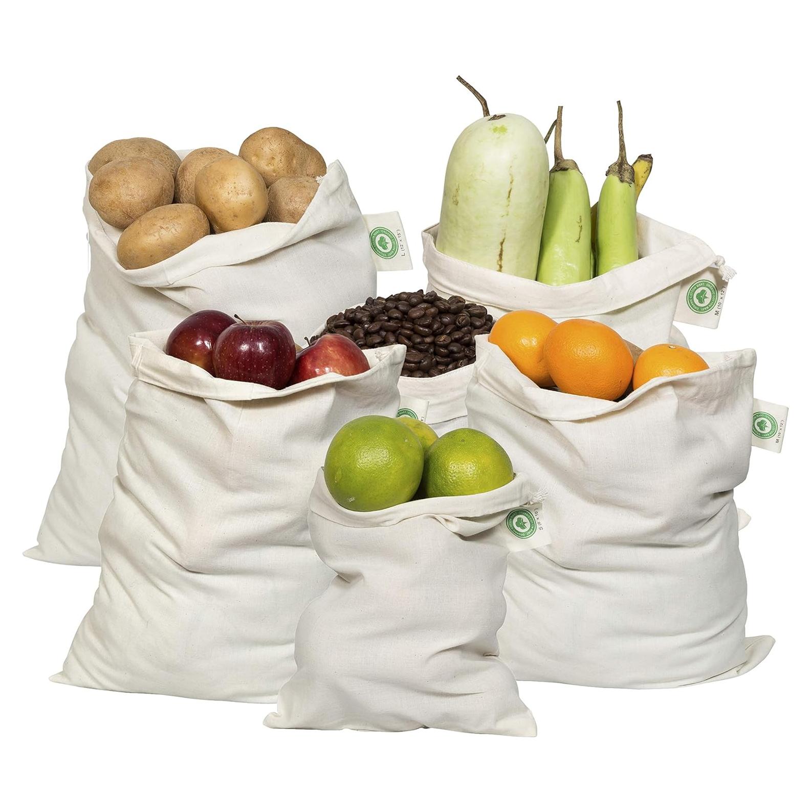 Set de 6 Bolsas Reutilizables de Algodón Orgánico - 2 Grandes, 2 Medianas, 2 Pequeñas