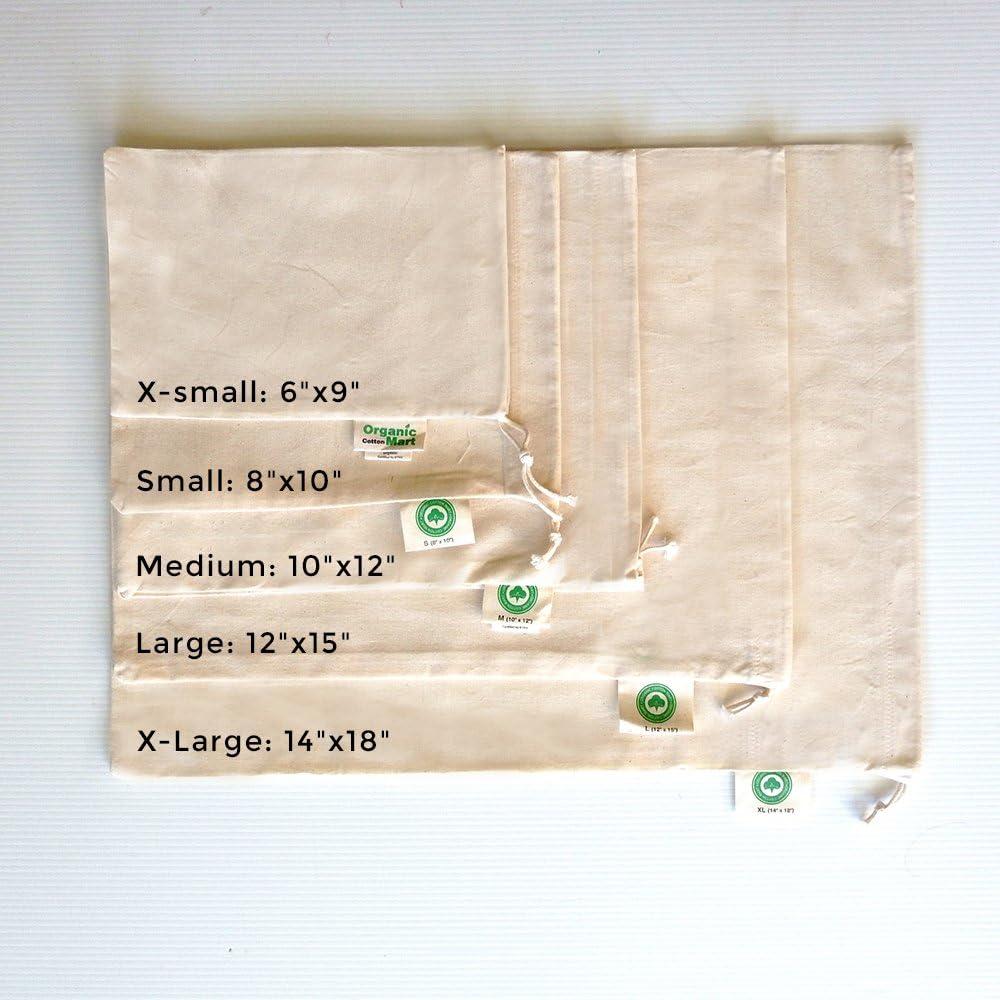 Set de 6 Bolsas Reutilizables de Algodón Orgánico - 2 Grandes, 2 Medianas, 2 Pequeñas