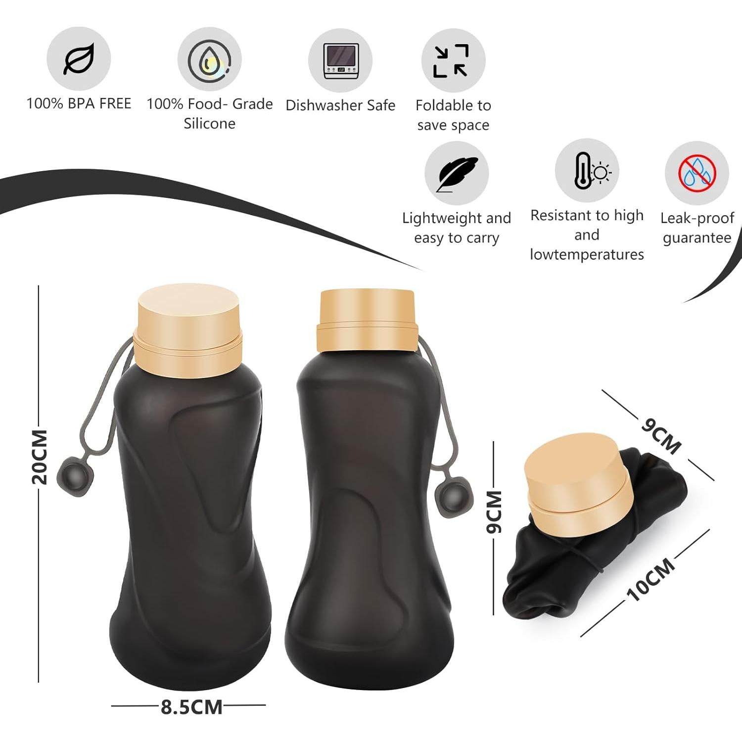 Botella de Agua Plegable NAVTUE 650ml Silicona Libre BPA Negra