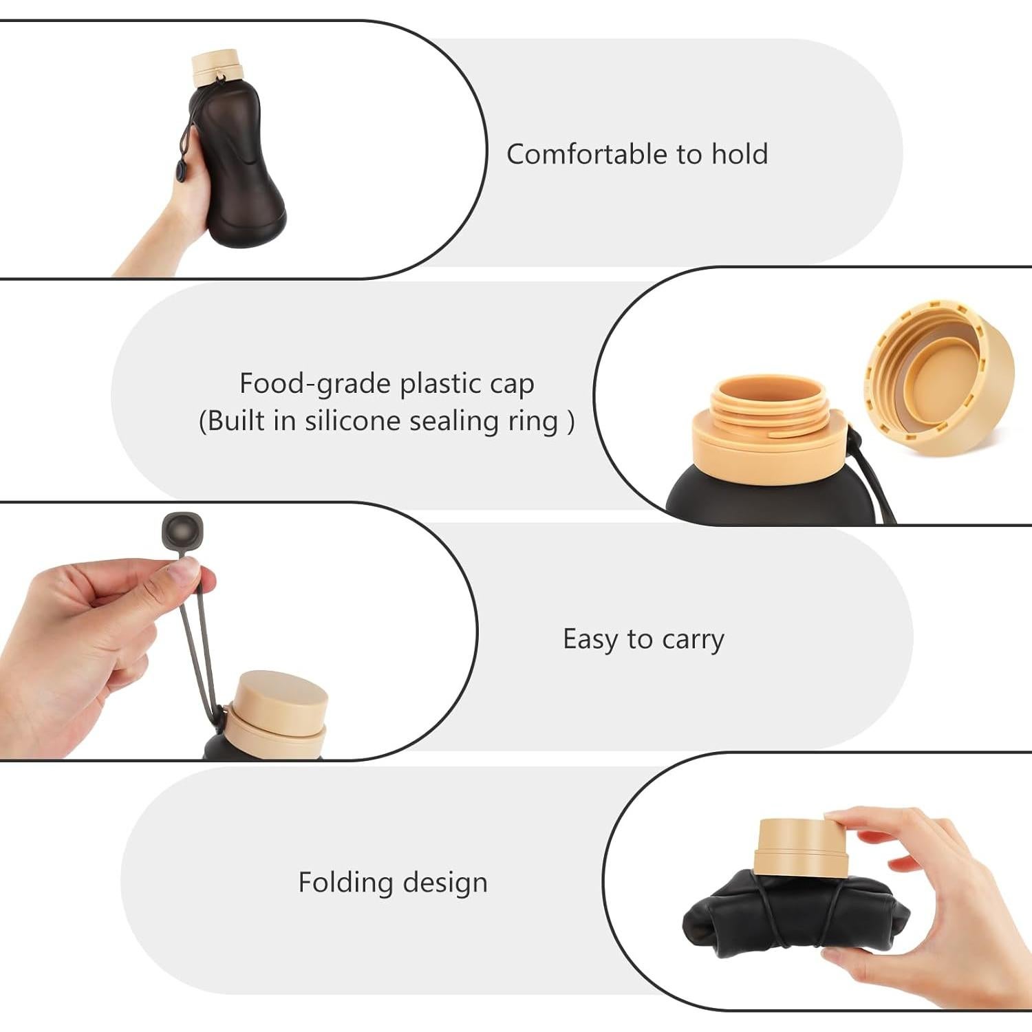 Botella de Agua Plegable NAVTUE 650ml Silicona Libre BPA Negra