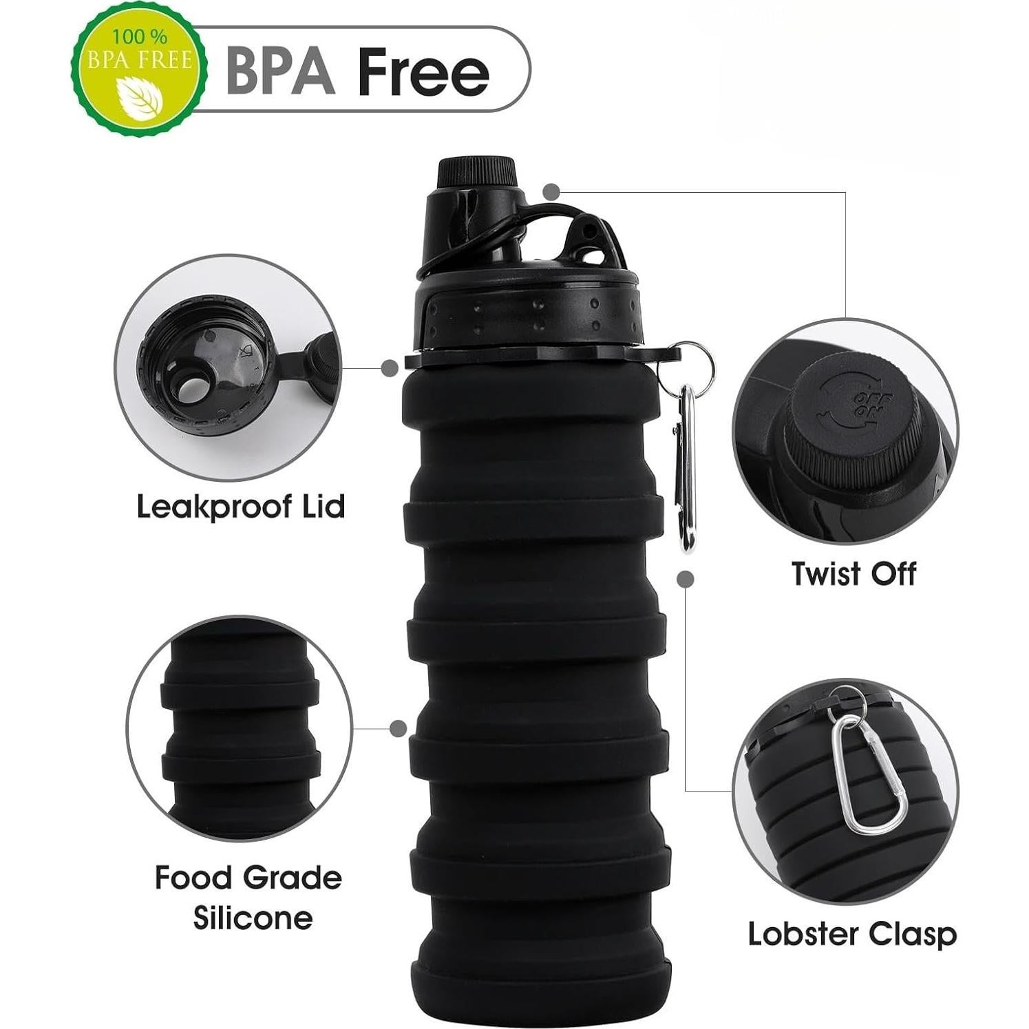 Botella de Agua Colapsable MAKERSLAND Silicona 473ml Negra