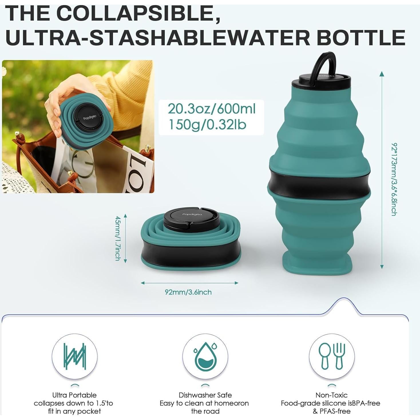 Botella de Agua Plegable Popdigito 600ml Silicona Verde