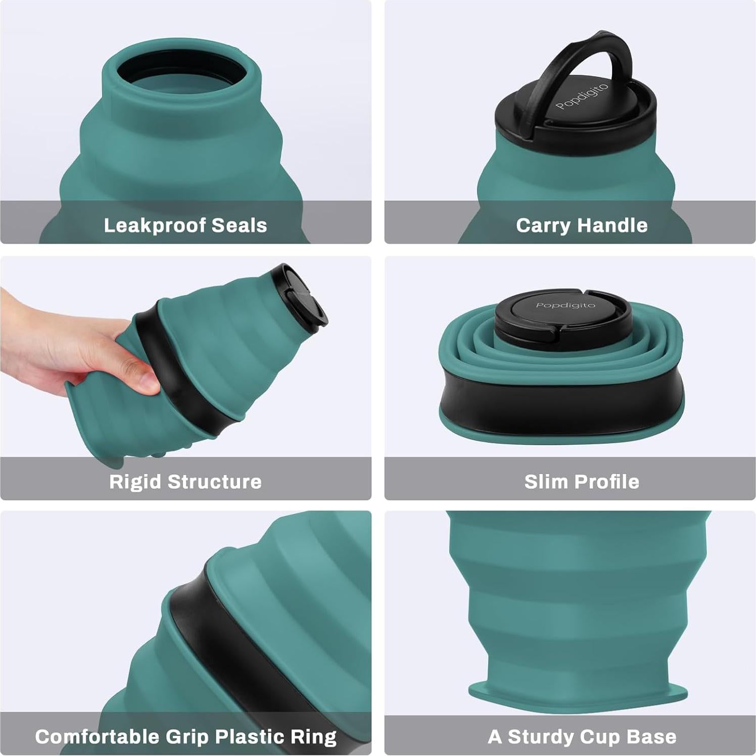 Botella de Agua Plegable Popdigito 600ml Silicona Verde