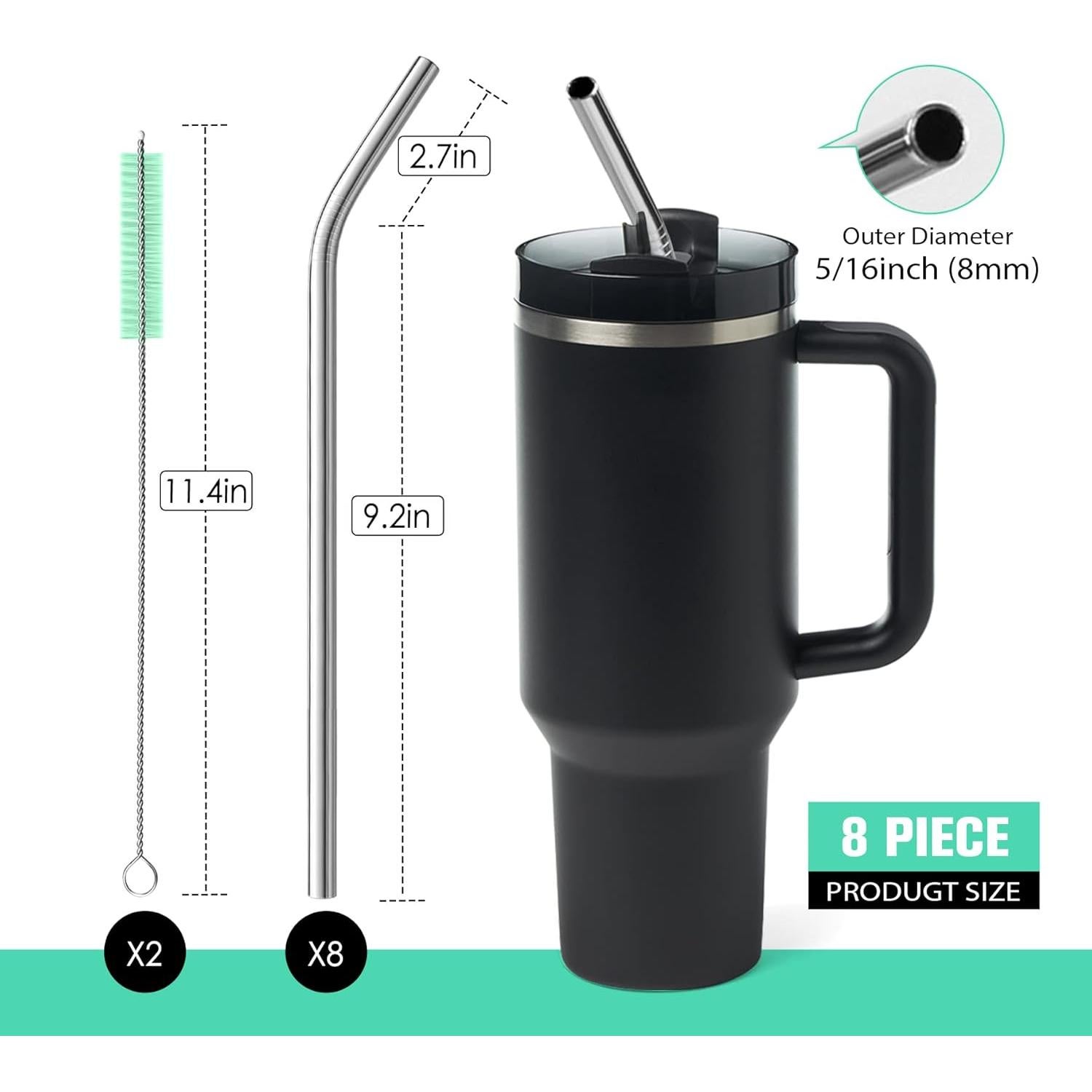 Juego de 8 Pajitas de Acero Inoxidable Teivio 30 cm Reutilizables