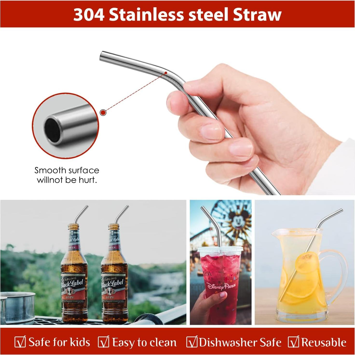 Juego de 8 Pajitas de Acero Inoxidable Teivio 30 cm Reutilizables