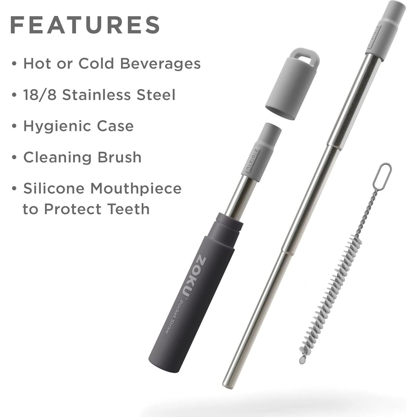 Popote Metálico Reutilizable ZOKU con Estuche de Viaje Gris