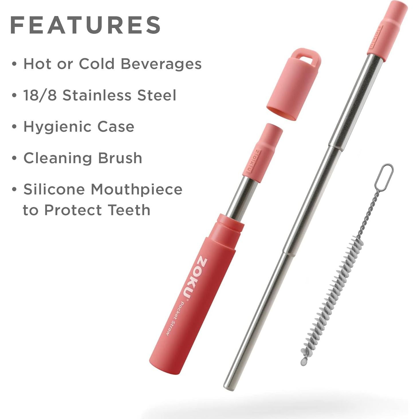 Popote Metálico Reutilizable ZOKU con Estuche Rojo 10-23 cm