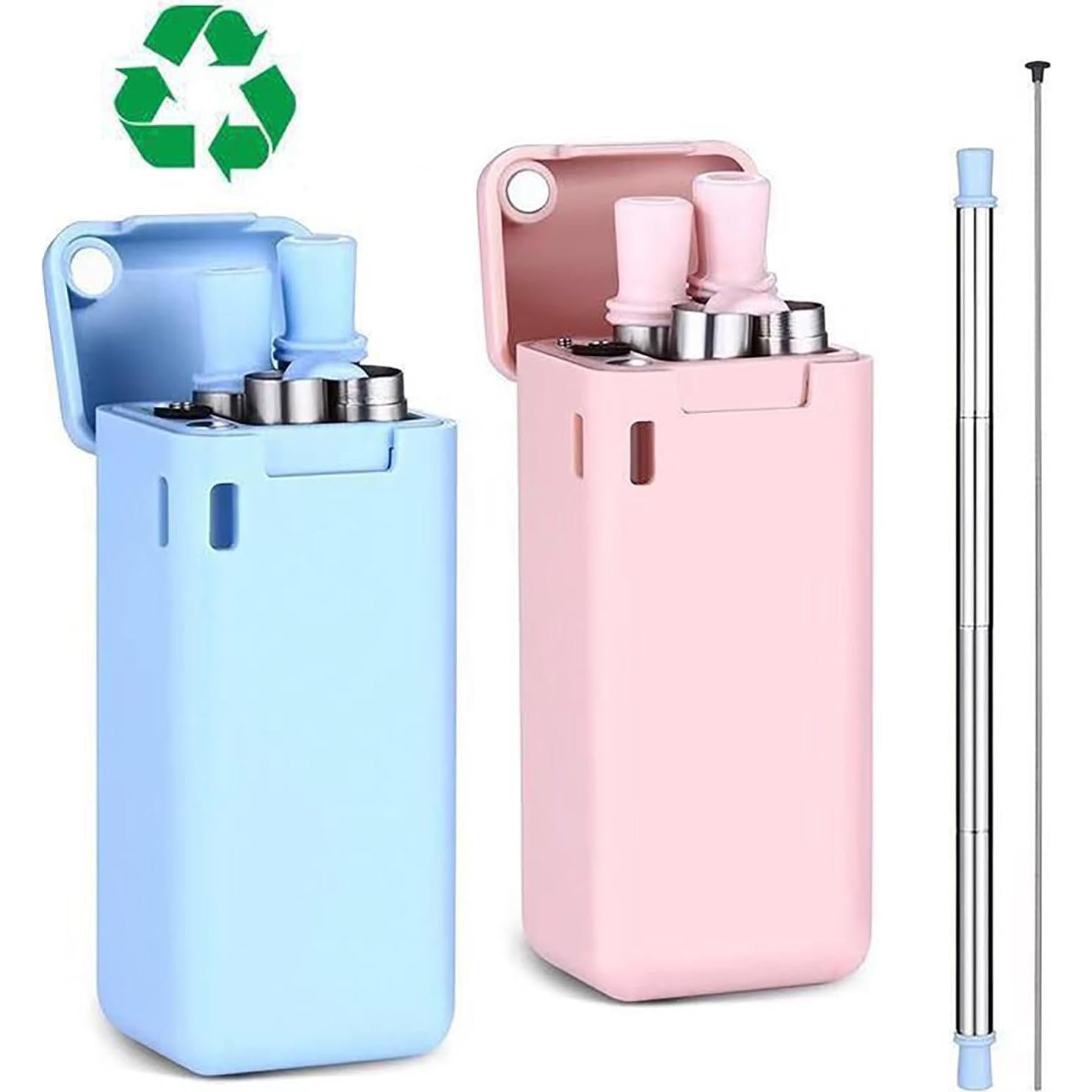 Popote Plegable Reutilizable WHNICUST Rosa con Caja y Cepillo