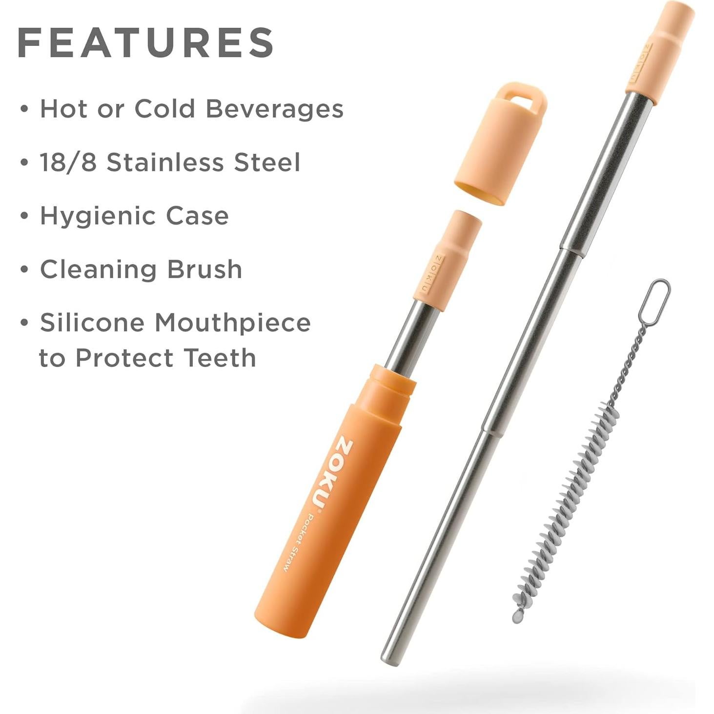 Popote Metálico Reutilizable ZOKU Naranja Plegable 10-23 cm