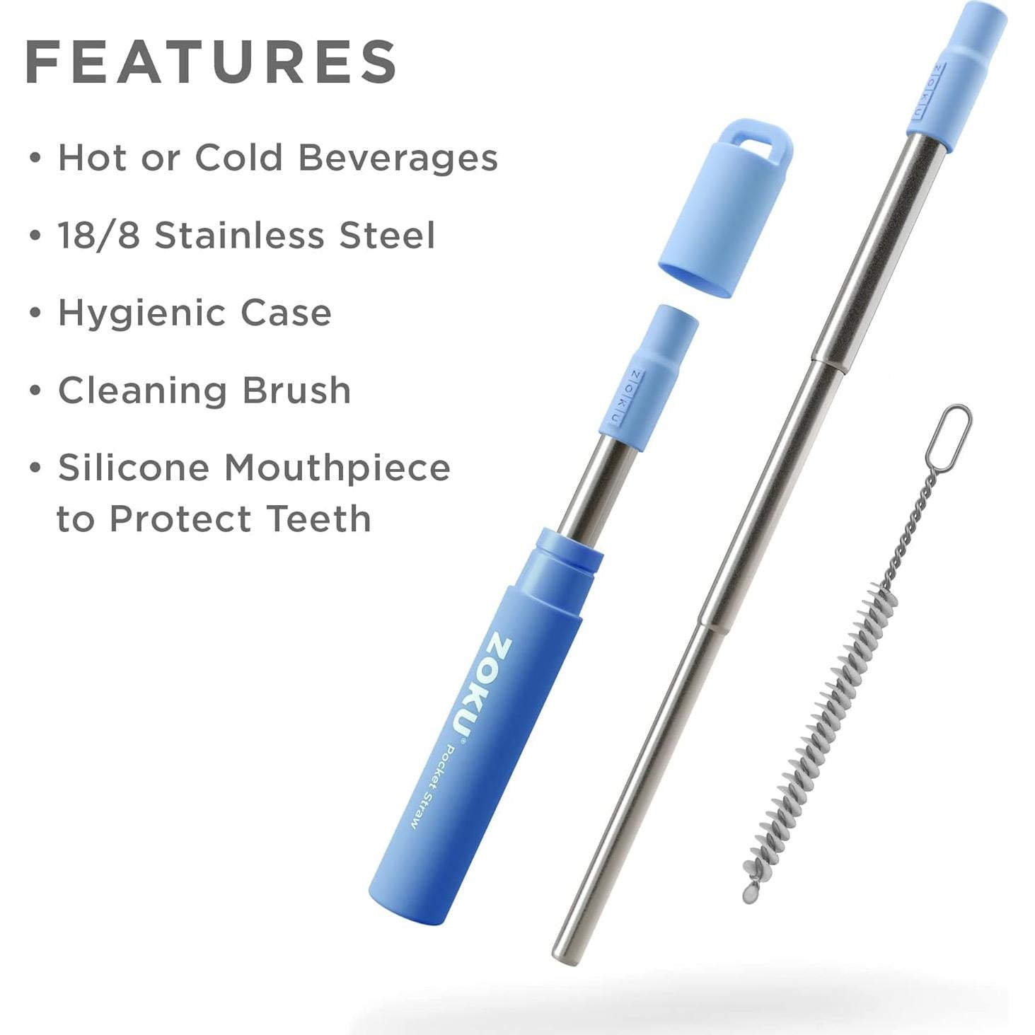 Popote Metálico Reutilizable ZOKU Azul Telescópico 10-23 cm