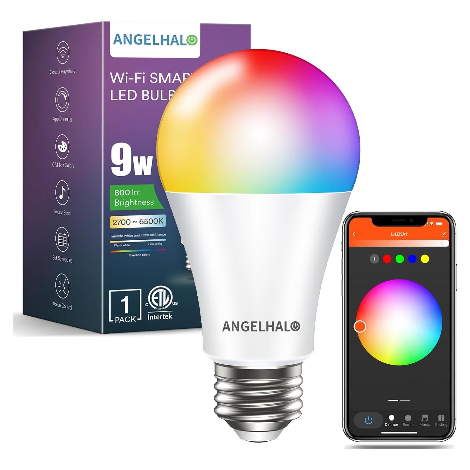 Bombilla LED Inteligente ANGELHALO A19 RGBW 800 Lúmenes
