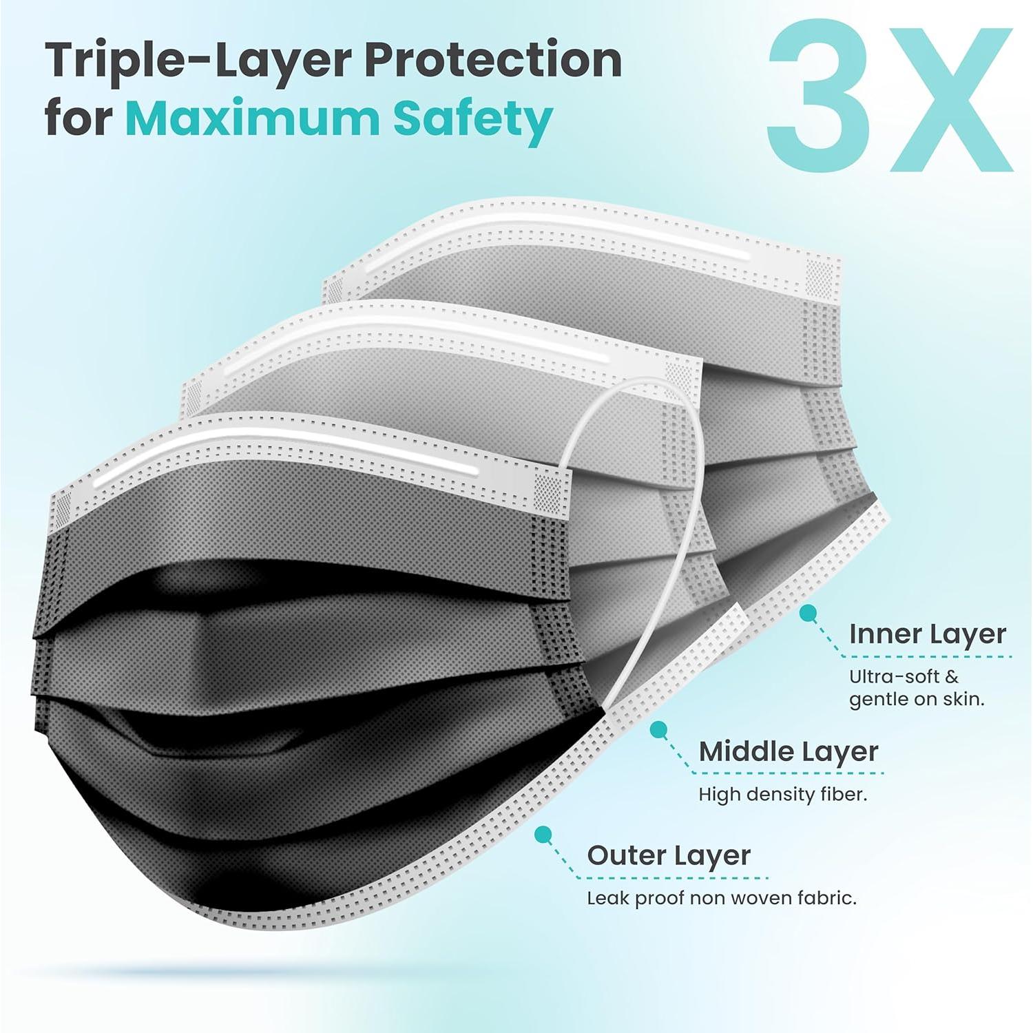 Mascarillas desechables Gleeporte 3 capas negras - Paquete 100