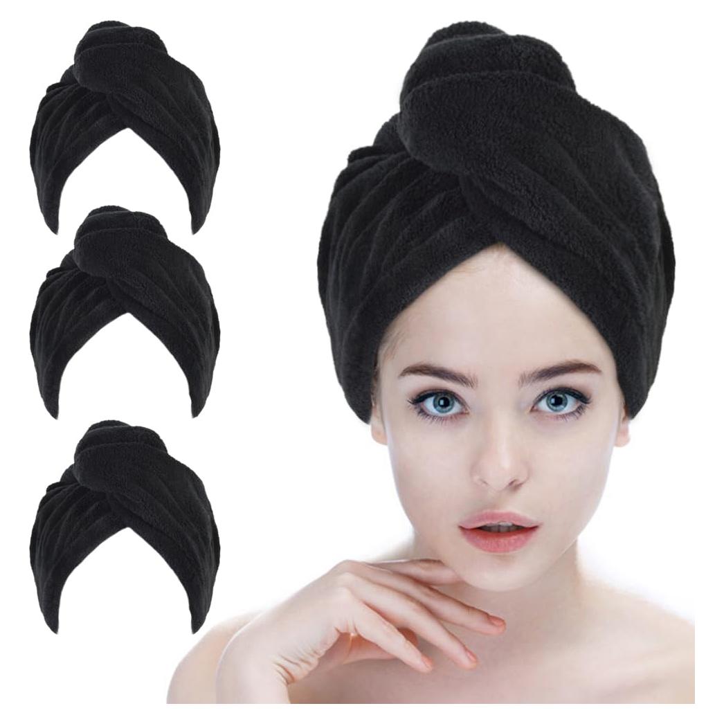 Toalla de Secado de Cabello Microfibra SINLAND 3 Piezas Negra 65x25 cm