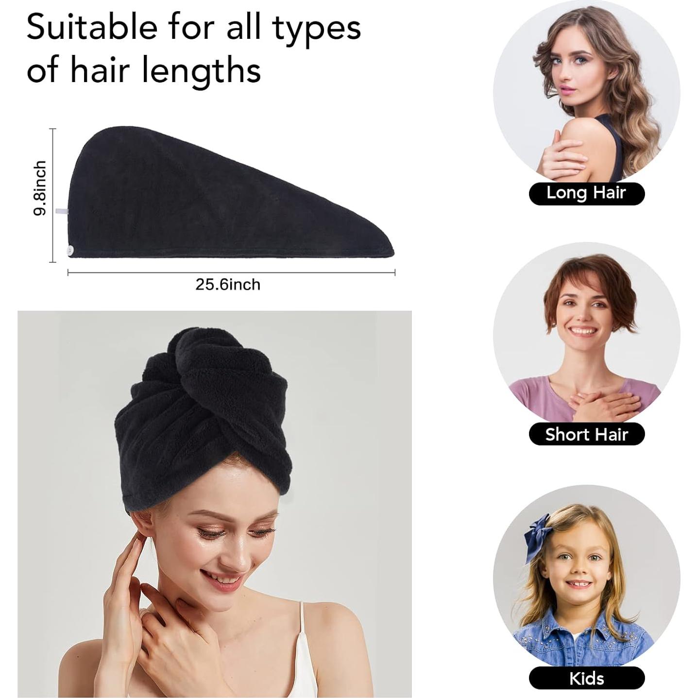 Toalla de Secado de Cabello Microfibra SINLAND 3 Piezas Negra 65x25 cm