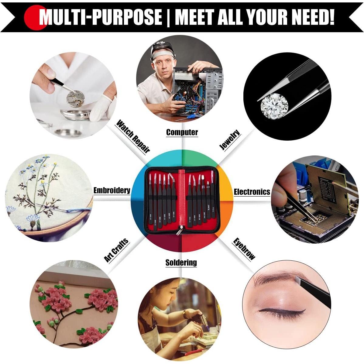 Juego de Pinzas de Precisión Antonki 12 Piezas con Estuche