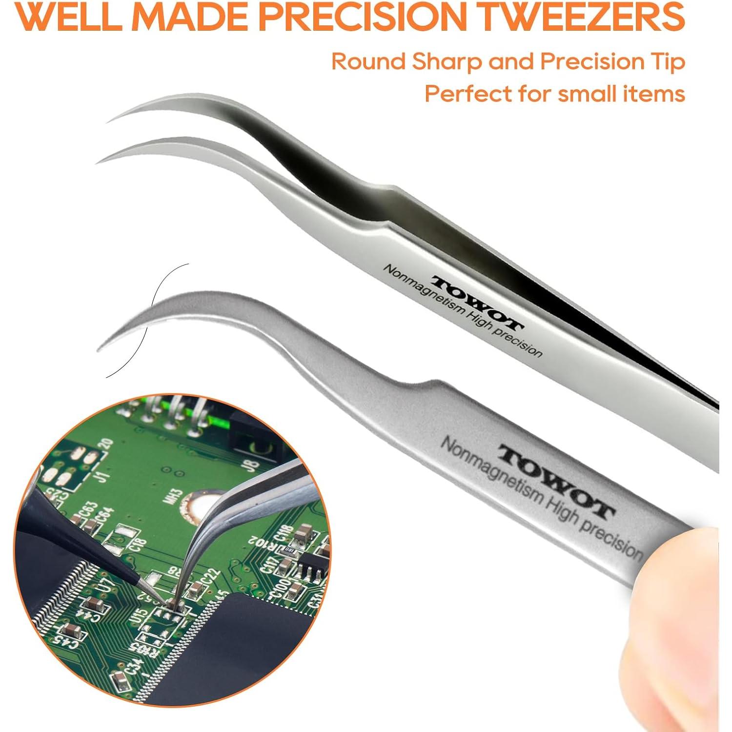 Pinzas de Precisión TOWOT 5 PCS Acero Inoxidable Curvadas