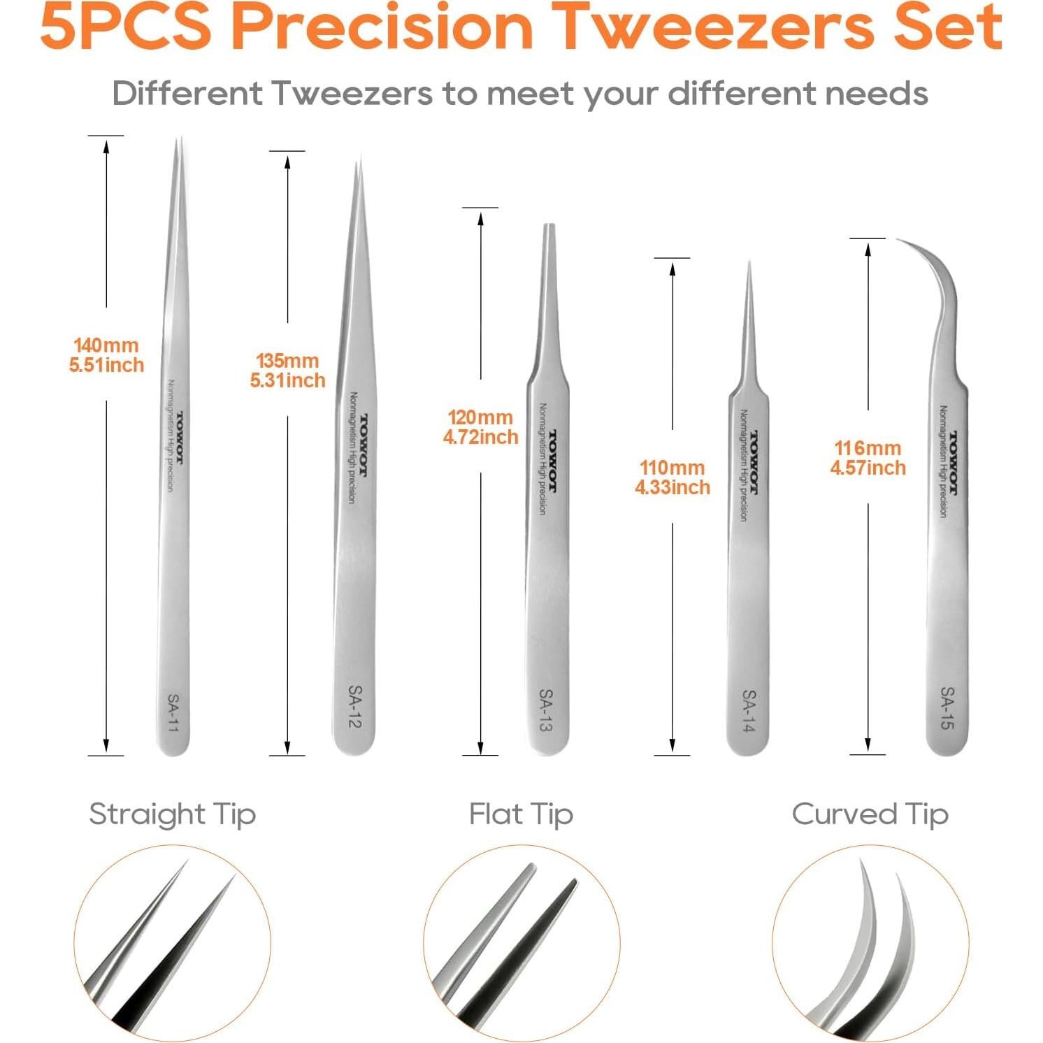 Pinzas de Precisión TOWOT 5 PCS Acero Inoxidable Curvadas