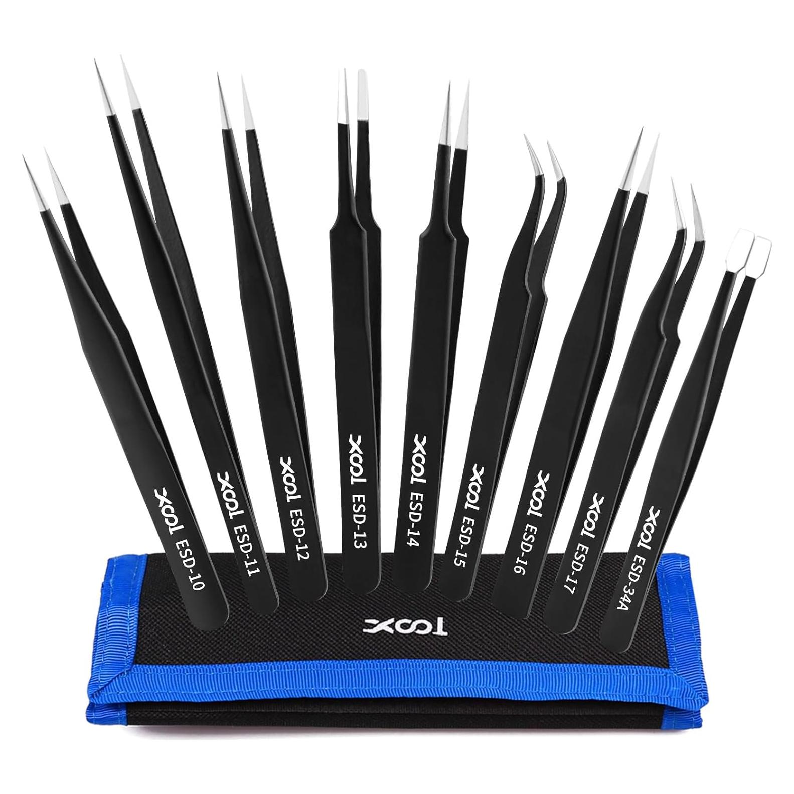 Juego de Pinzas de Precisión XOOL 9 PCS Acero Inoxidable ESD