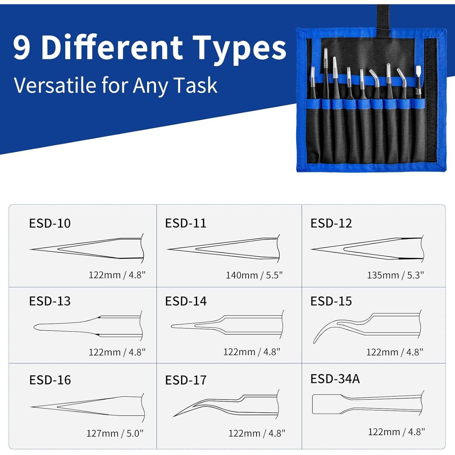 Juego de Pinzas de Precisión XOOL 9 PCS Acero Inoxidable ESD