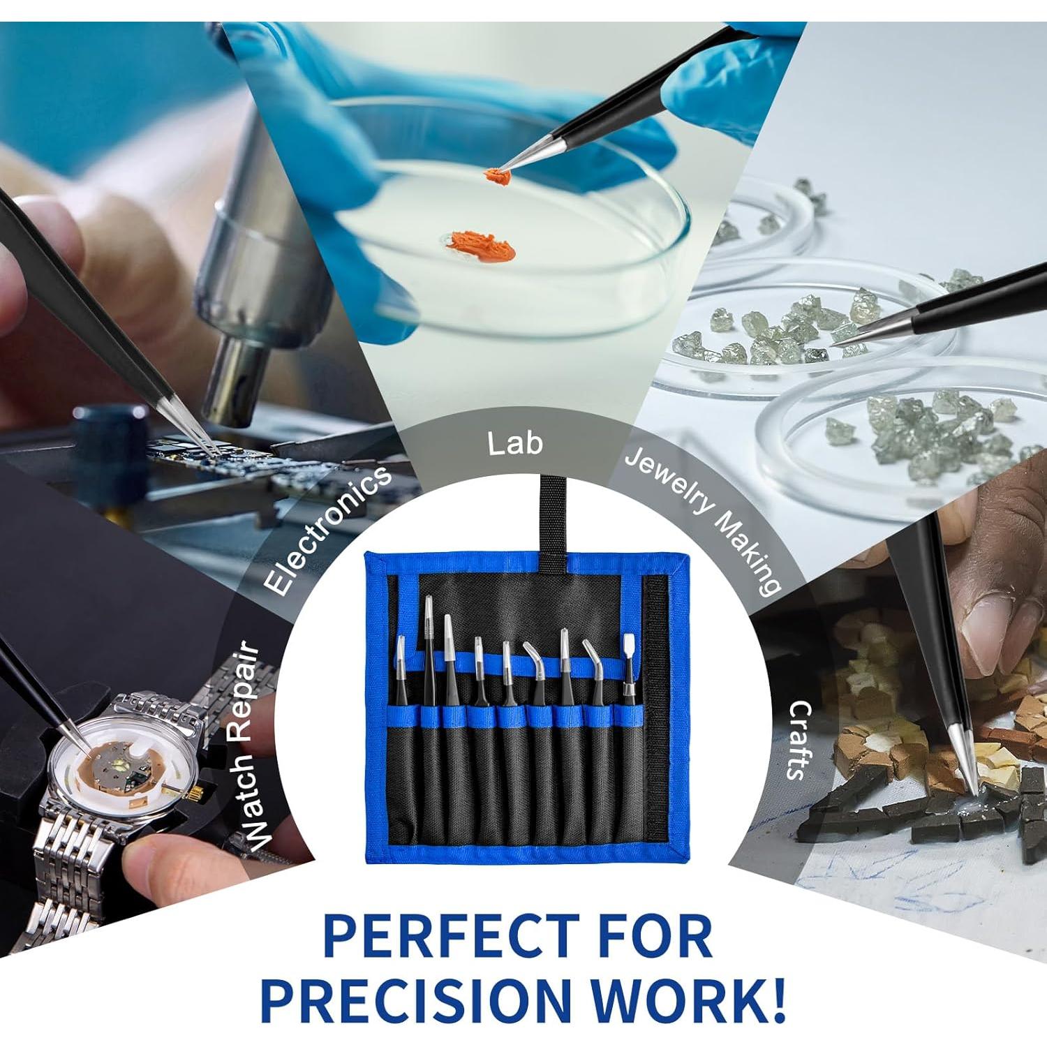 Juego de Pinzas de Precisión XOOL 9 PCS Acero Inoxidable ESD