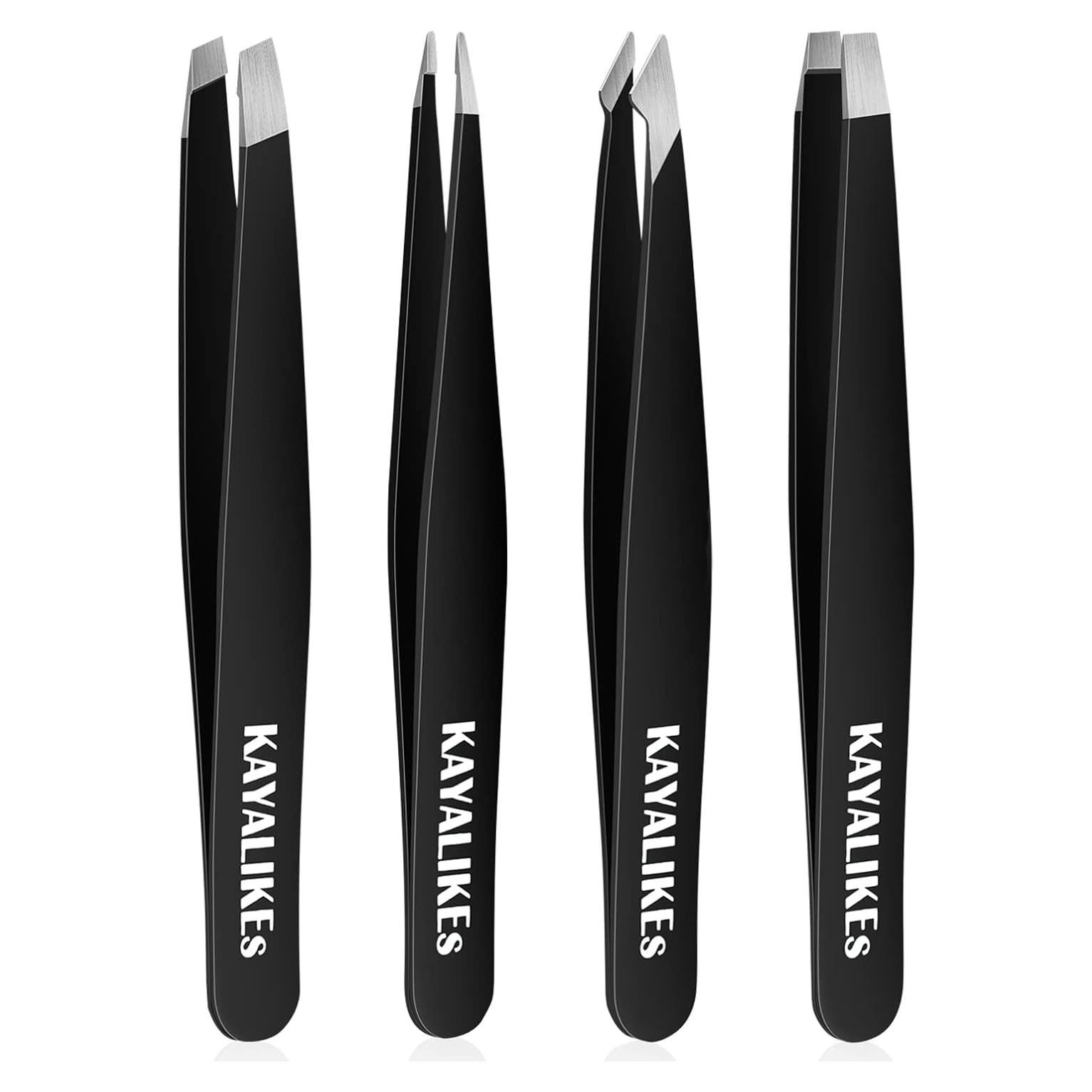 Tweezers Set for Eyebrows, KayaLikes 4 Pcs Precision Tweezers Set for Girls and Women, Excellent at-home Grooming Tools with Leather Case, Black