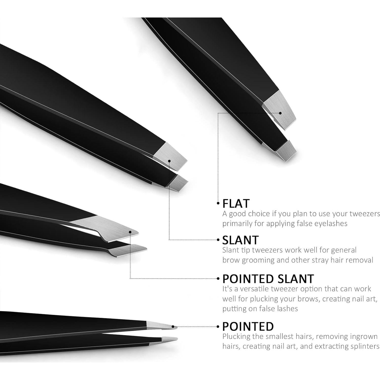 Tweezers Set for Eyebrows, KayaLikes 4 Pcs Precision Tweezers Set for Girls and Women, Excellent at-home Grooming Tools with Leather Case, Black