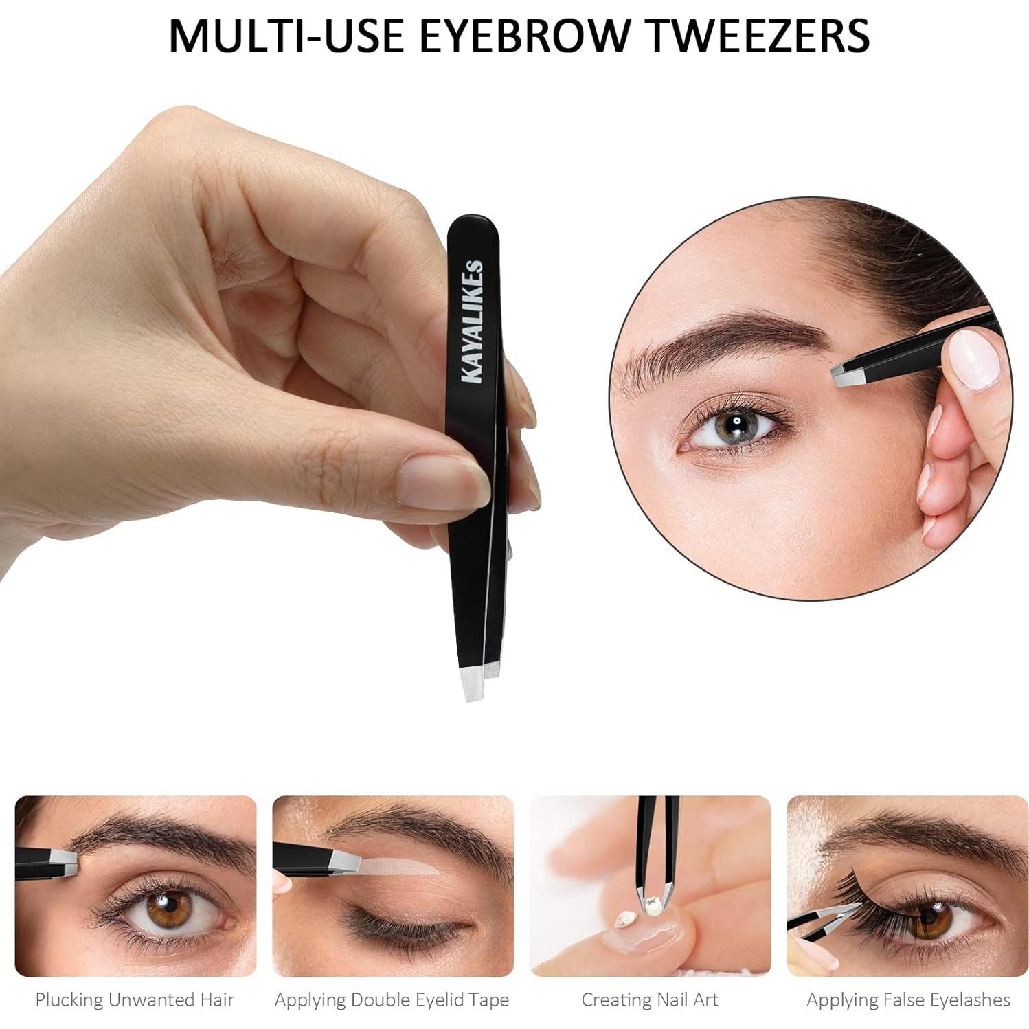 Tweezers Set for Eyebrows, KayaLikes 4 Pcs Precision Tweezers Set for Girls and Women, Excellent at-home Grooming Tools with Leather Case, Black