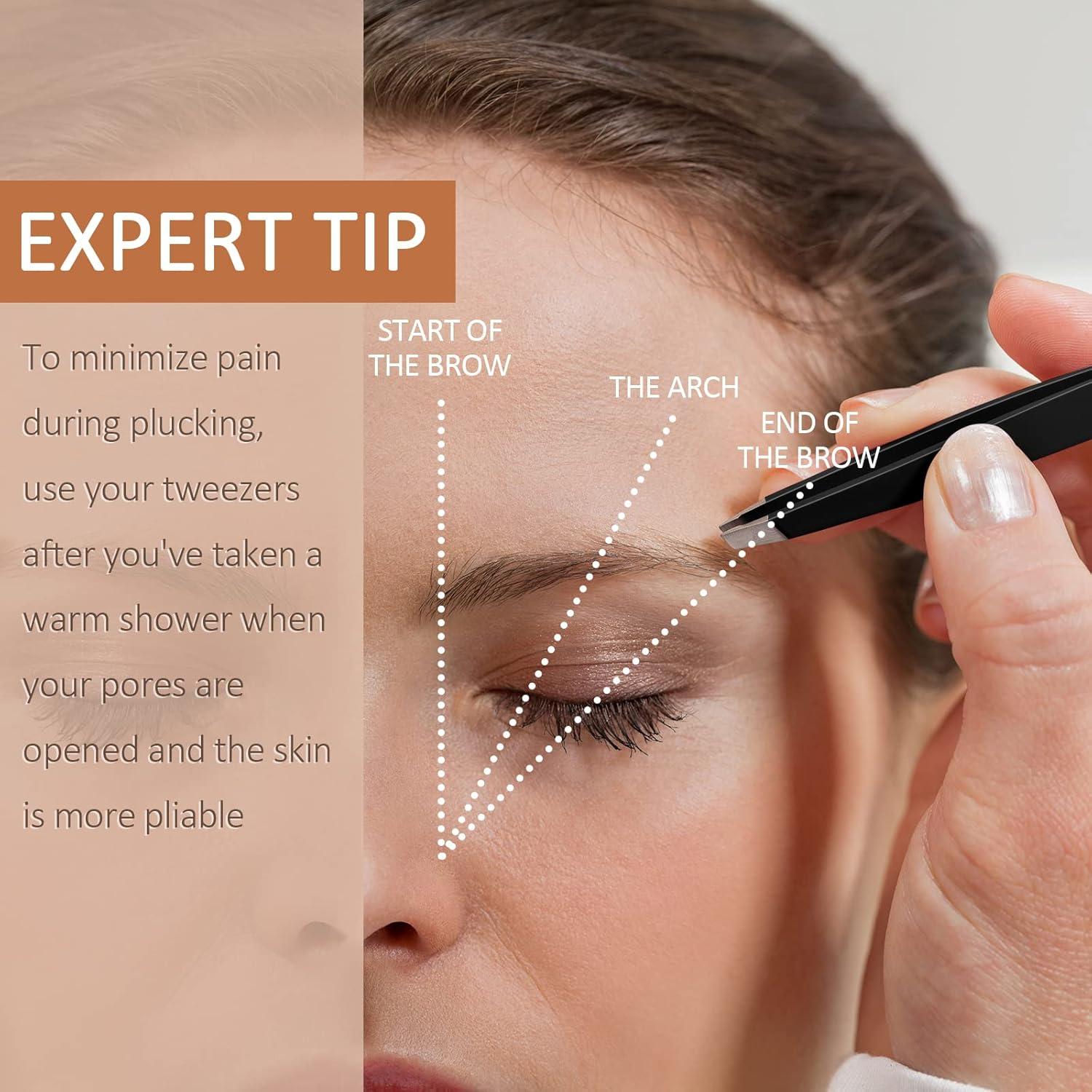 Tweezers Set for Eyebrows, KayaLikes 4 Pcs Precision Tweezers Set for Girls and Women, Excellent at-home Grooming Tools with Leather Case, Black