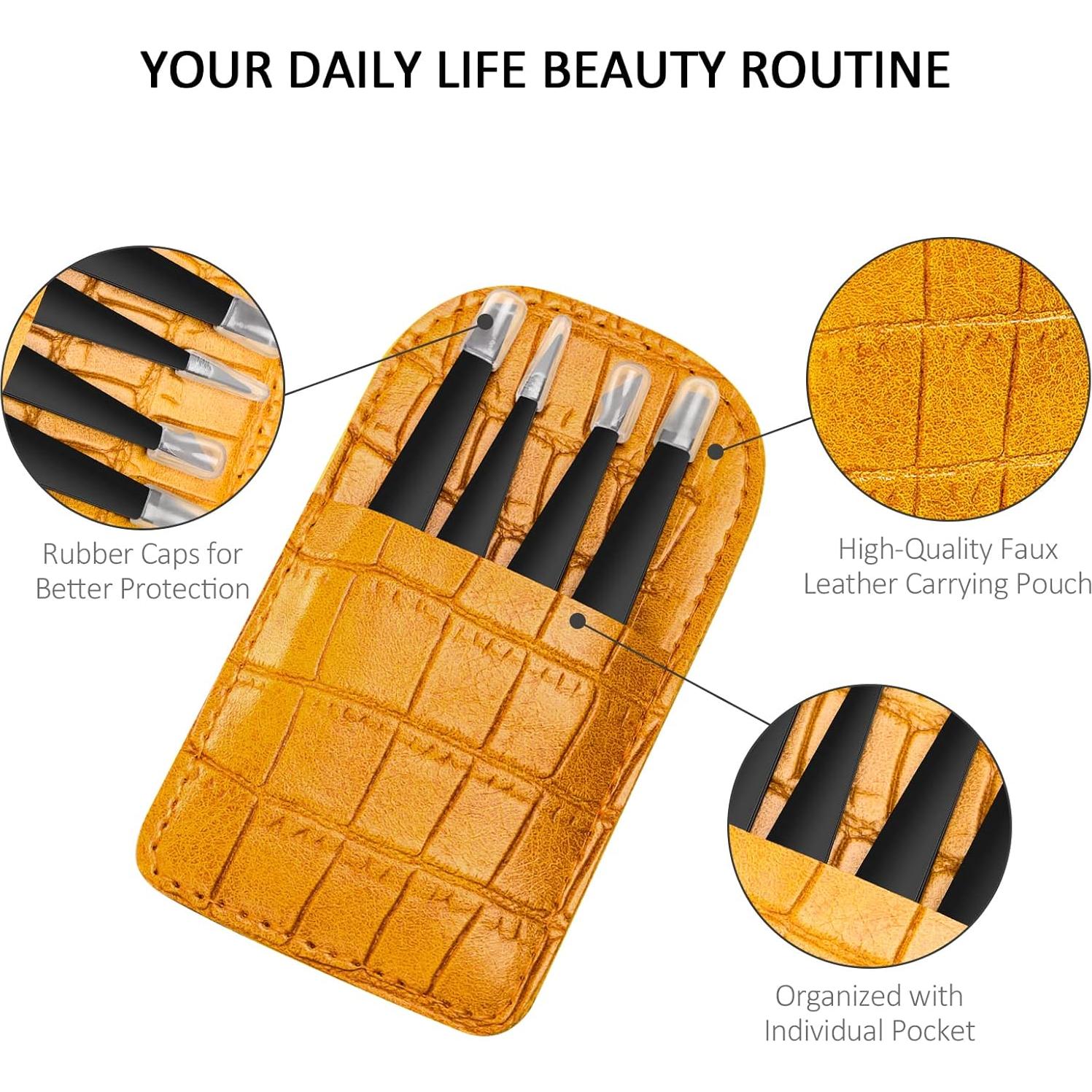 Tweezers Set for Eyebrows, KayaLikes 4 Pcs Precision Tweezers Set for Girls and Women, Excellent at-home Grooming Tools with Leather Case, Black