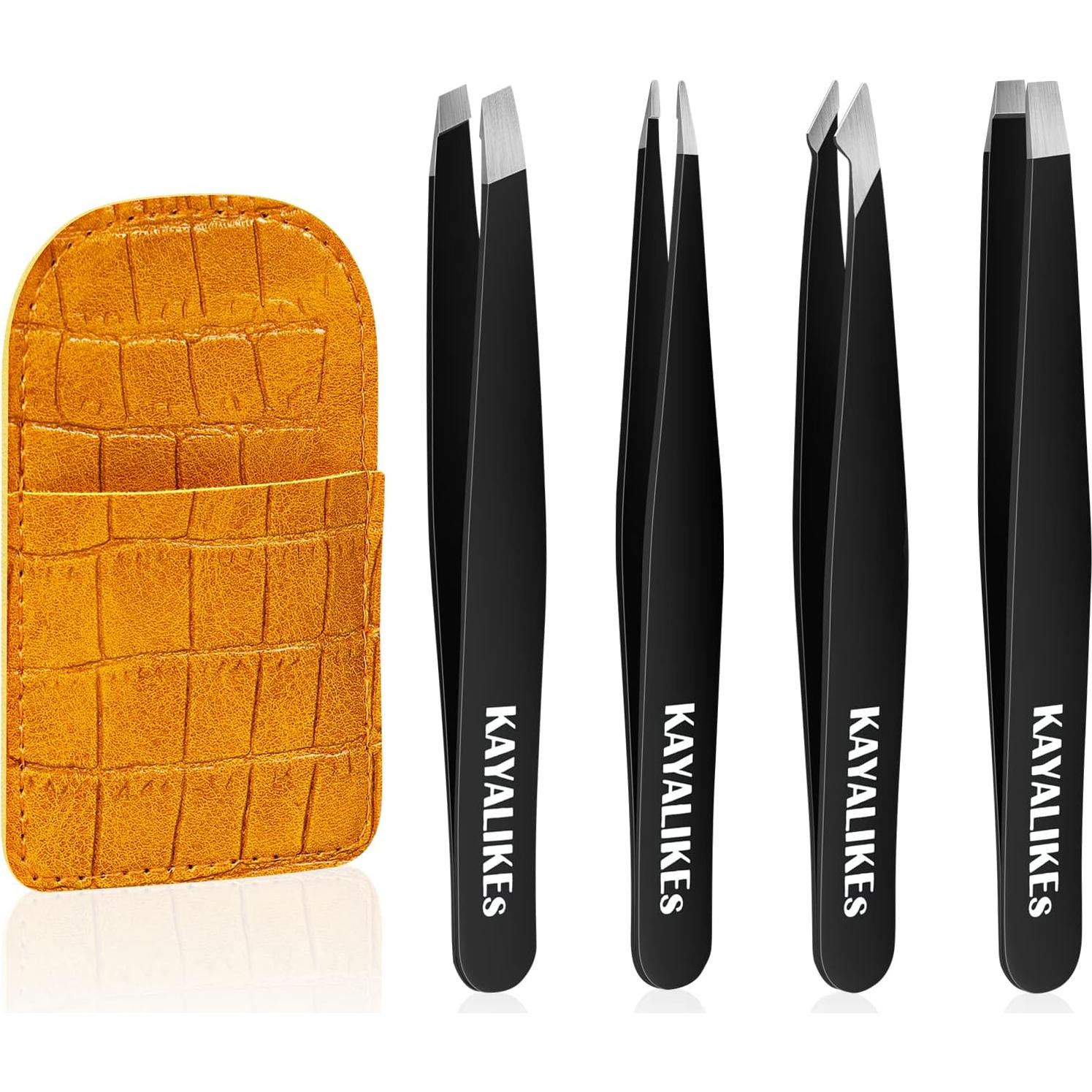 Tweezers Set for Eyebrows, KayaLikes 4 Pcs Precision Tweezers Set for Girls and Women, Excellent at-home Grooming Tools with Leather Case, Black