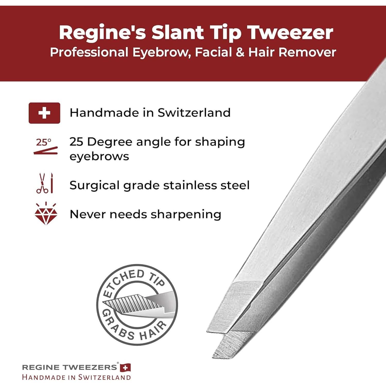 Professional Tweezers Slant Tip - Etched Tip Brow and Eyebrow Tool for Men and Women - Precision Tweezers for Fine Hair, Chin, Lash Extensions - Stainless Steel Handmade Beauty Tool