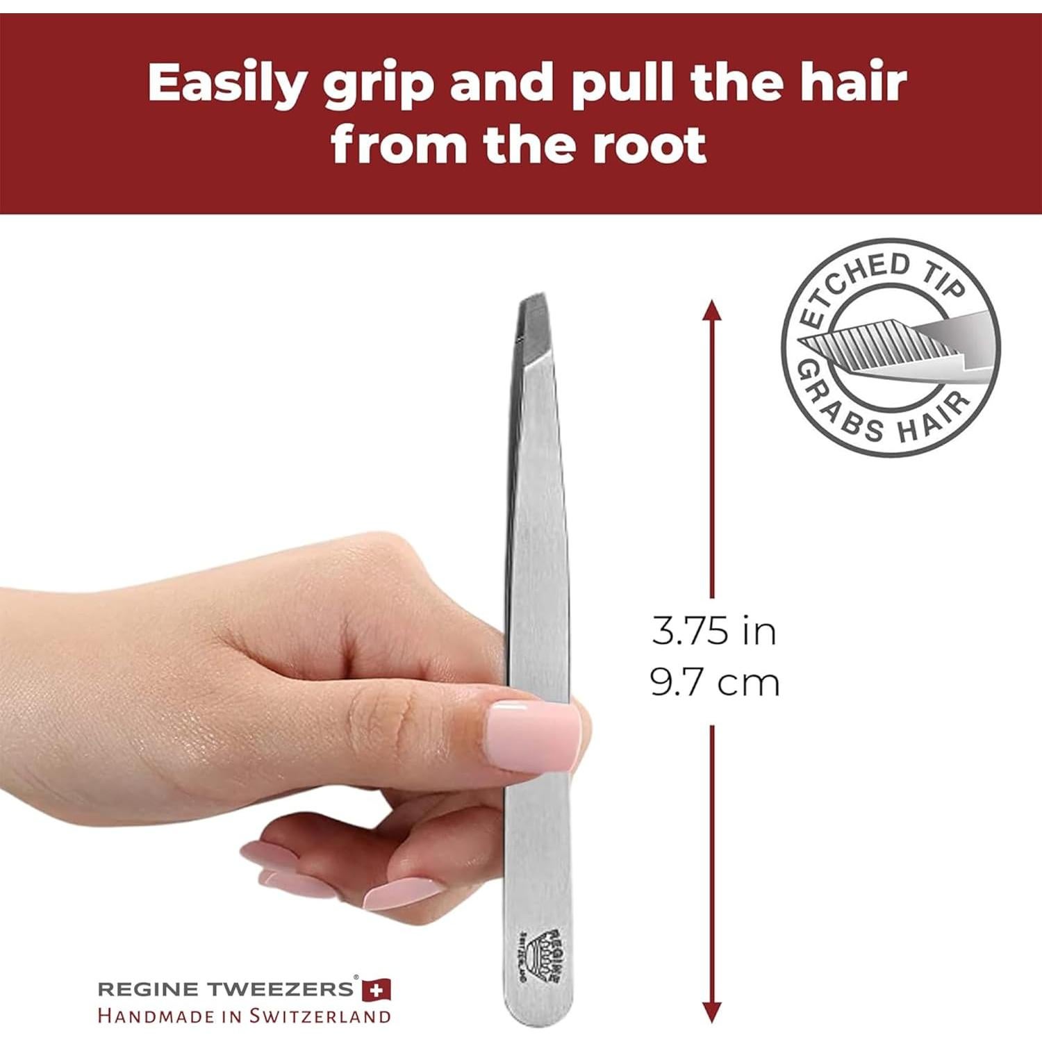 Professional Tweezers Slant Tip - Etched Tip Brow and Eyebrow Tool for Men and Women - Precision Tweezers for Fine Hair, Chin, Lash Extensions - Stainless Steel Handmade Beauty Tool