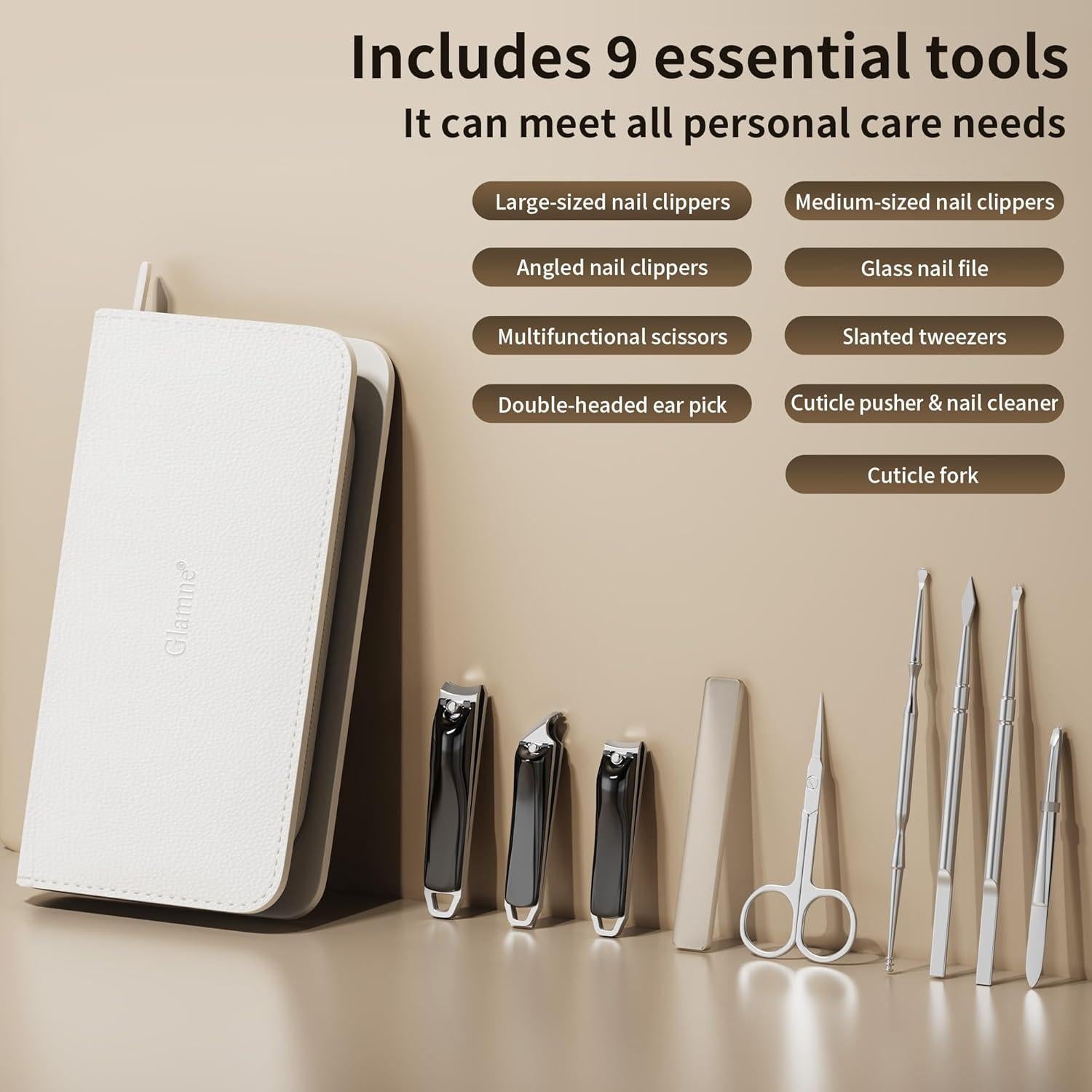 Kit de Manicura 9 en 1 Glamne con Estuche de Cuero