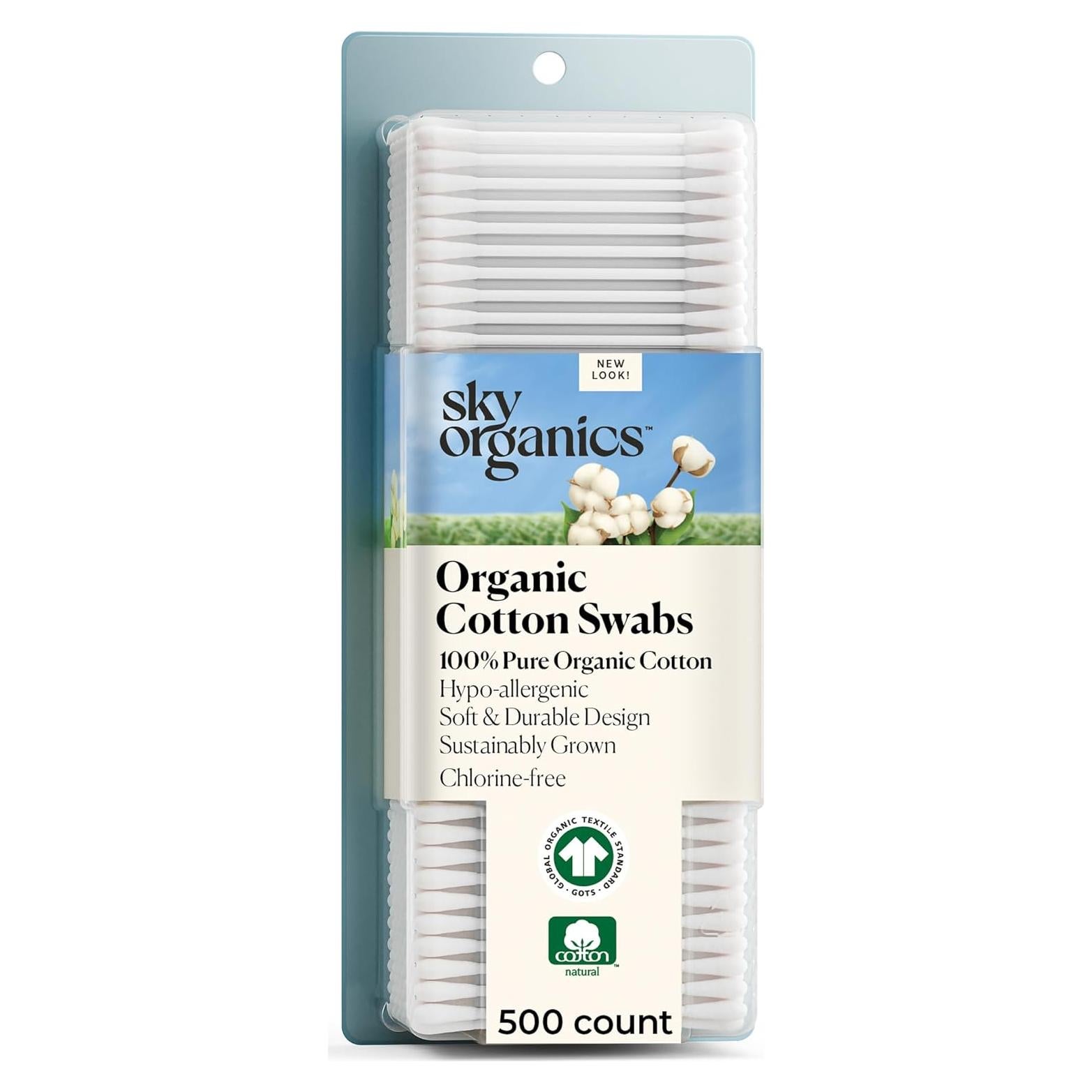 Bastones de Algodón Orgánico Sky Organics 500 Unidades Hipoalergénicos