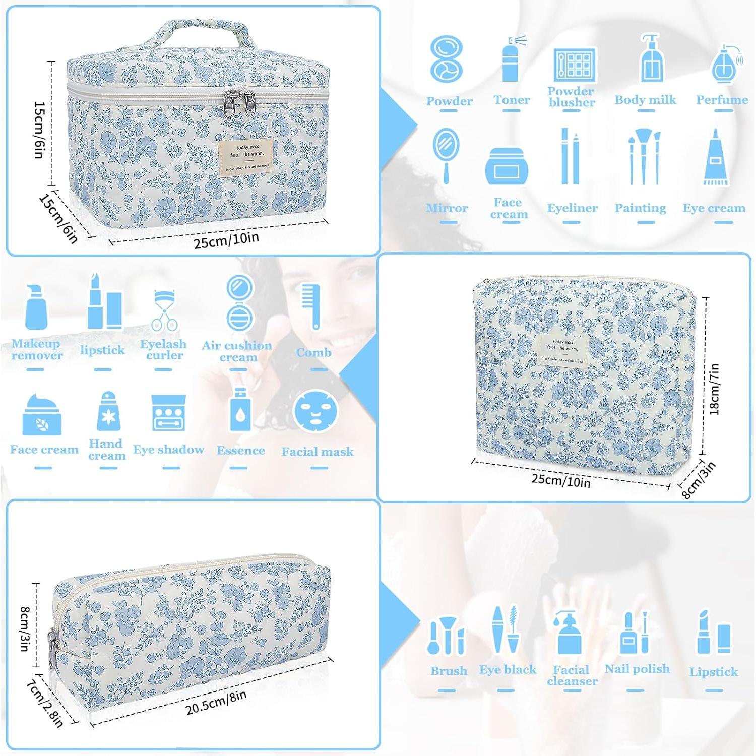 Bolsa de Maquillaje Acolchada Floral Grande Algodón 3 Piezas