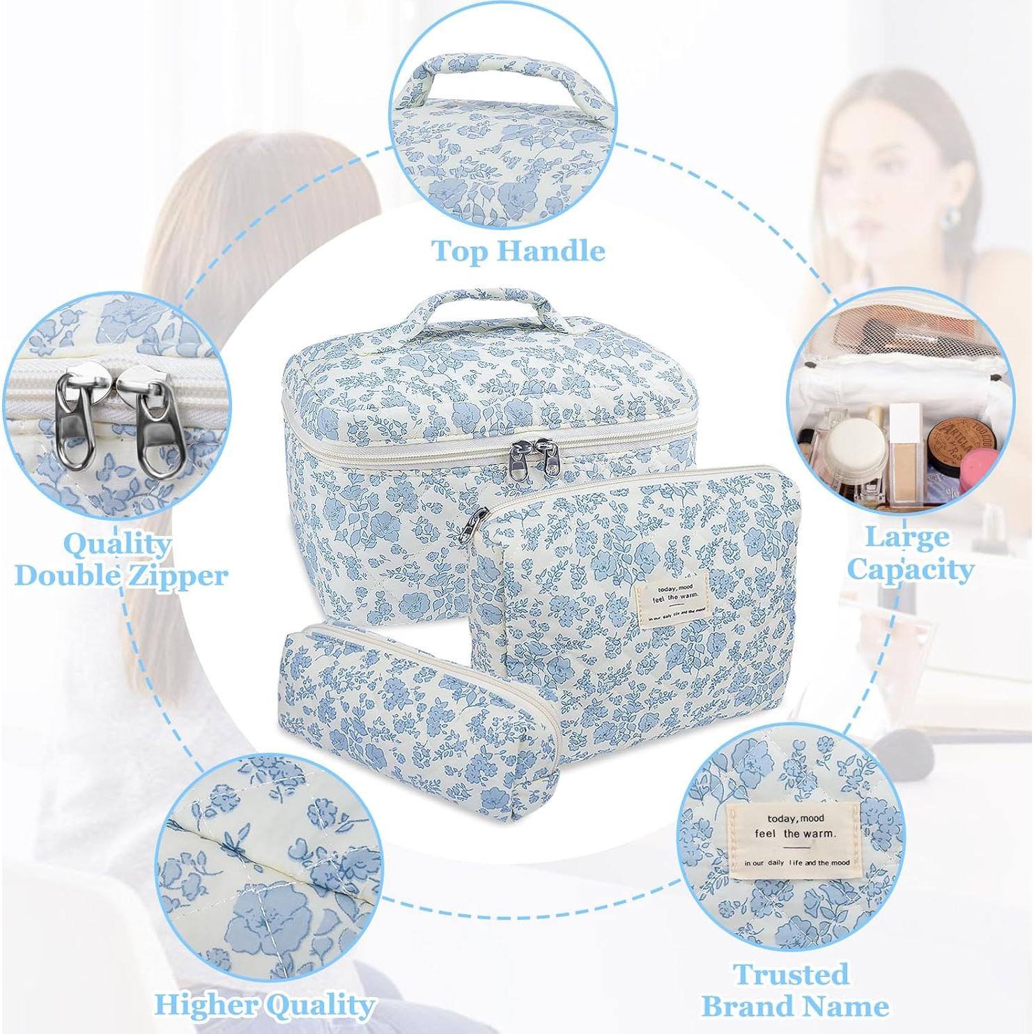 Bolsa de Maquillaje Acolchada Floral Grande Algodón 3 Piezas