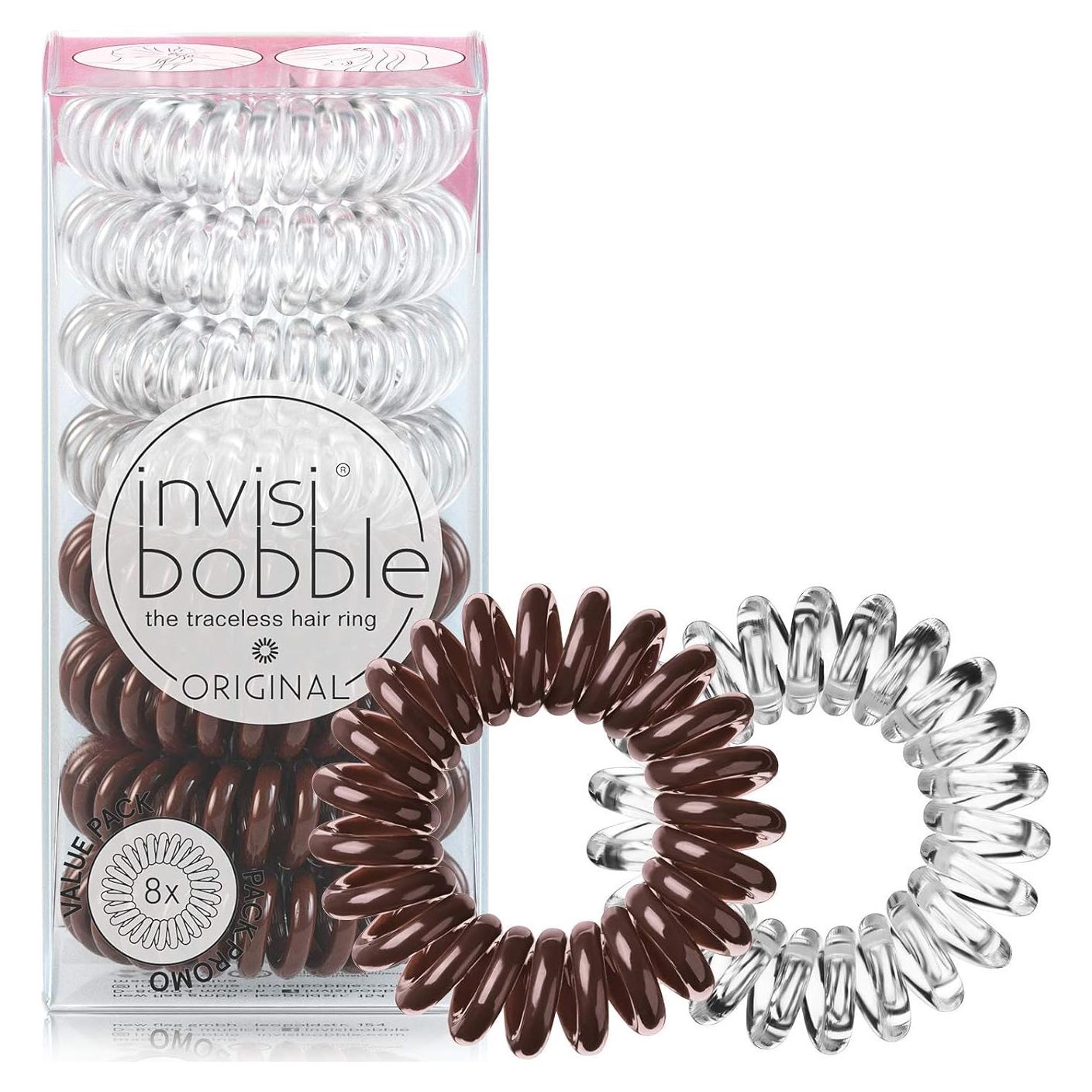 invisibobble Original - Paquete de 8 Ligas para Cabello Sin Marcas - Cristal Claro y Marrón Pretzel